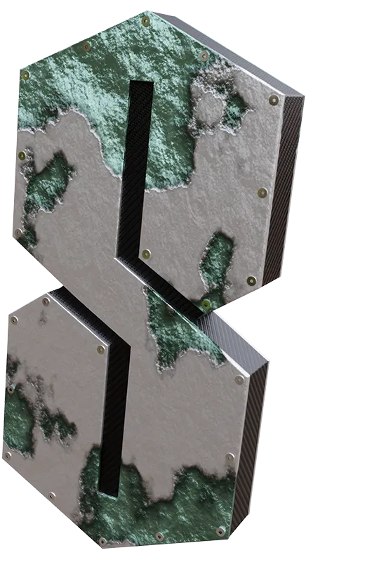 3D-rendered letter ‘S’ designed with a mechanical, industrial look, featuring a metallic surface with patches of corrosion, green oxidation, carbon fiber, and riveted plates.
