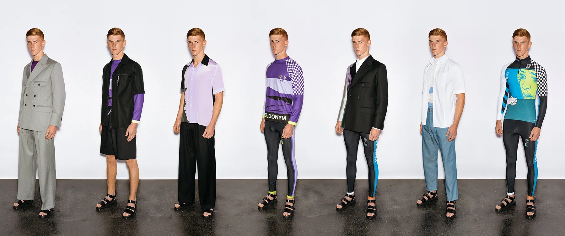 Seven menswear looks from PSEUDONYM Spring Summer 2020, combining tailored silhouettes with technical sportswear pieces.