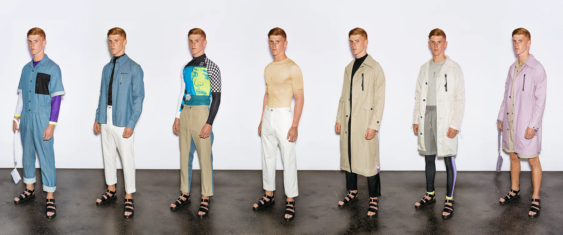 Seven additional PSEUDONYM Spring Summer 2020 menswear looks, showing technical outerwear, layered tailoring, and performance-inspired garments.