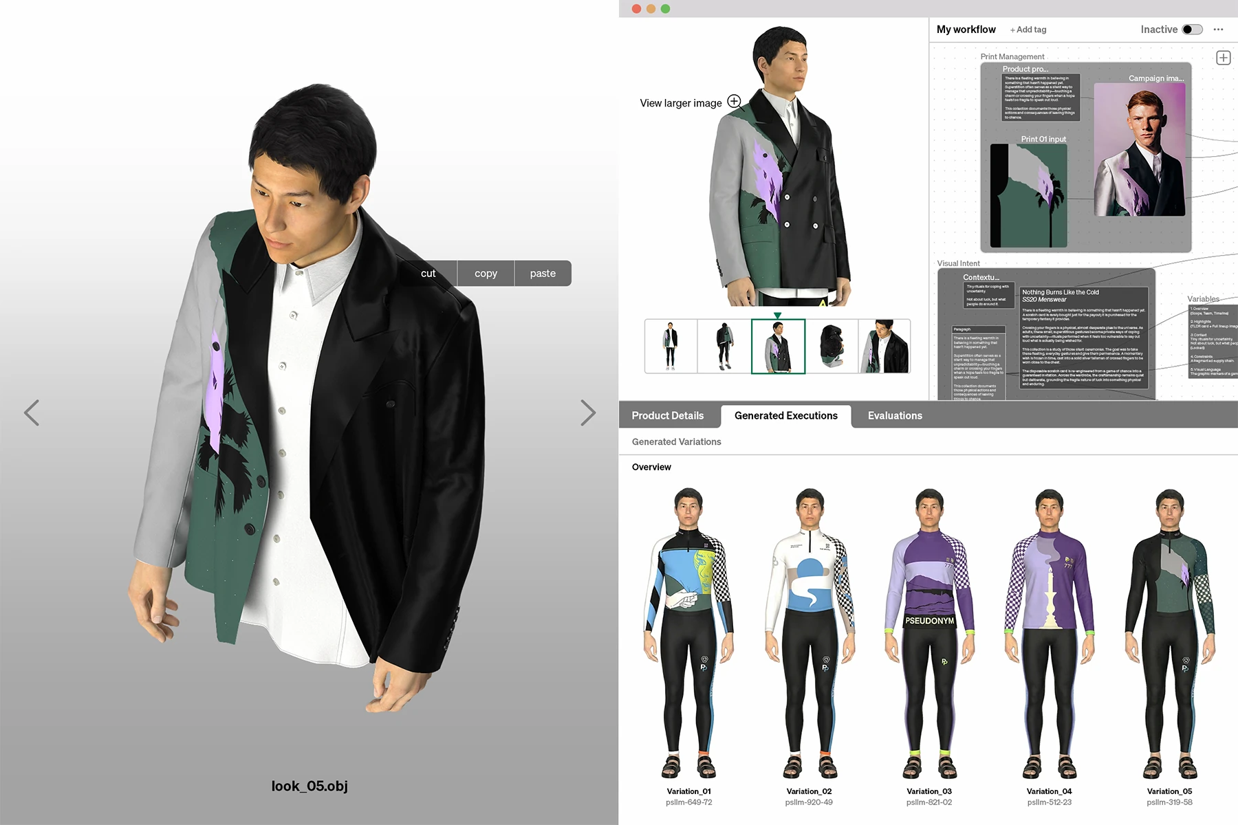 3D product development workflow for PSEUDONYM Spring Summer 2020, showing a virtual garment prototype, print-management board, and generated design variations.