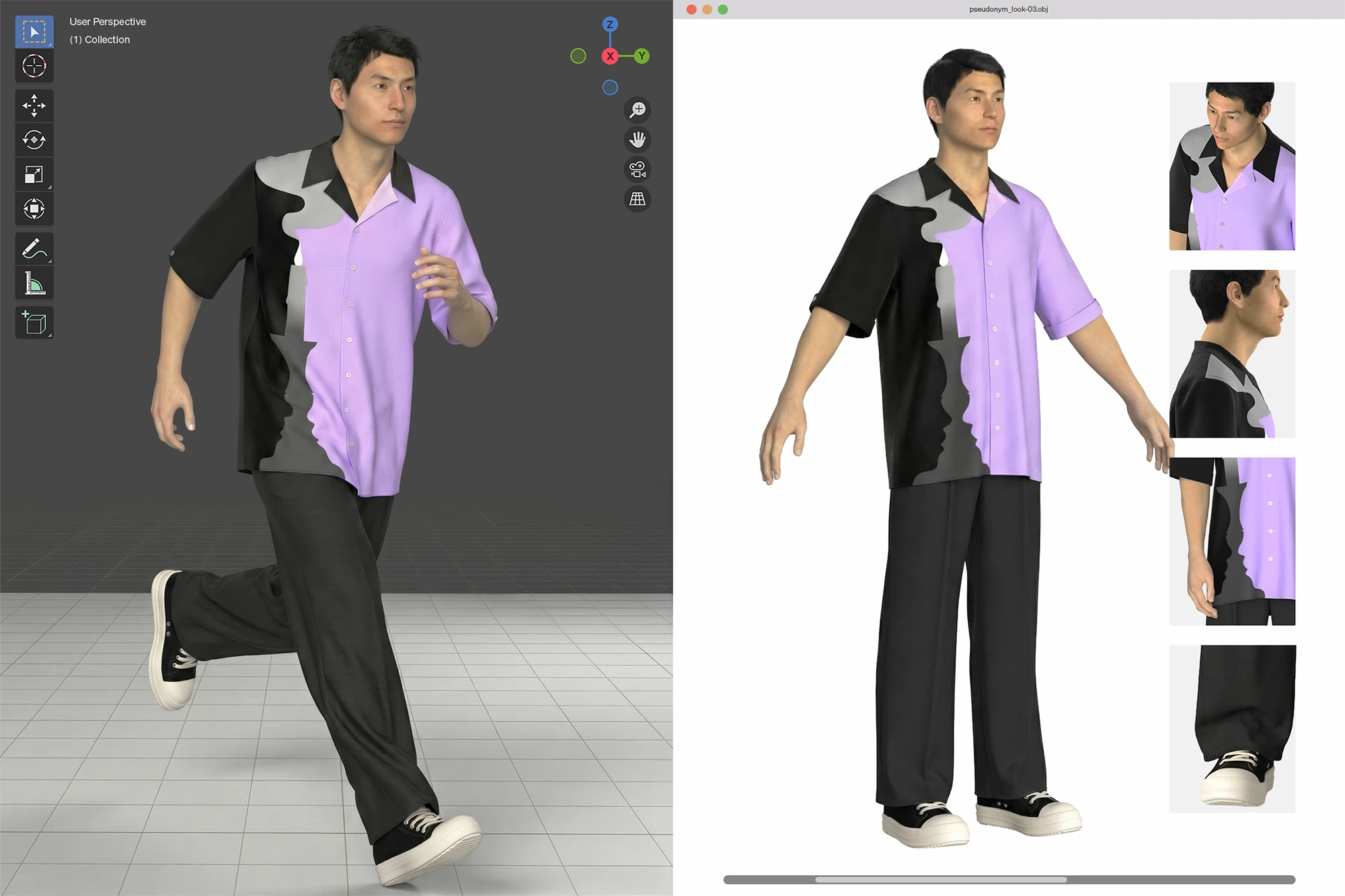 Custom 3D development workflow showing a garment prototype in Blender alongside technical views for PSEUDONYM Spring Summer 2020.