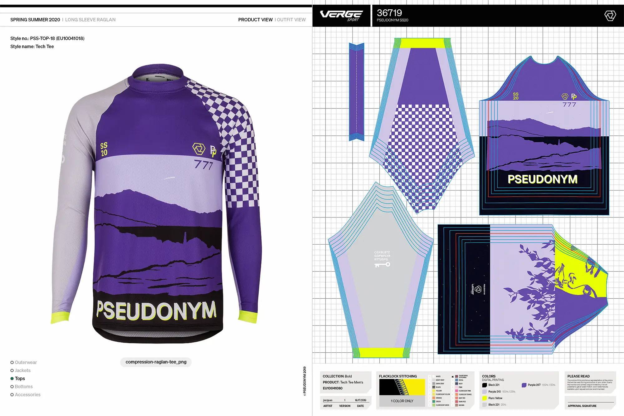 PSEUDONYM Spring Summer 2020 long sleeve raglan tech tee shown as a product render beside a detailed garment specification sheet with purple landscape graphics, checkerboard sleeve artwork, and technical pattern views.