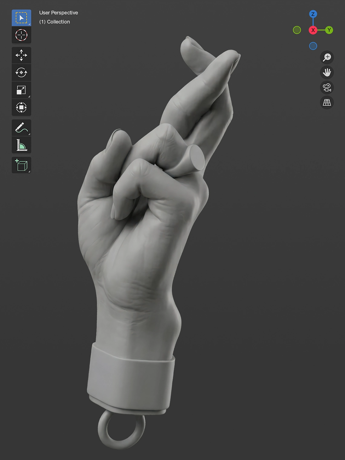 PSEUDONYM Spring Summer 2020 technical CAD model of a fingers crossed charm shown in the blender viewport.