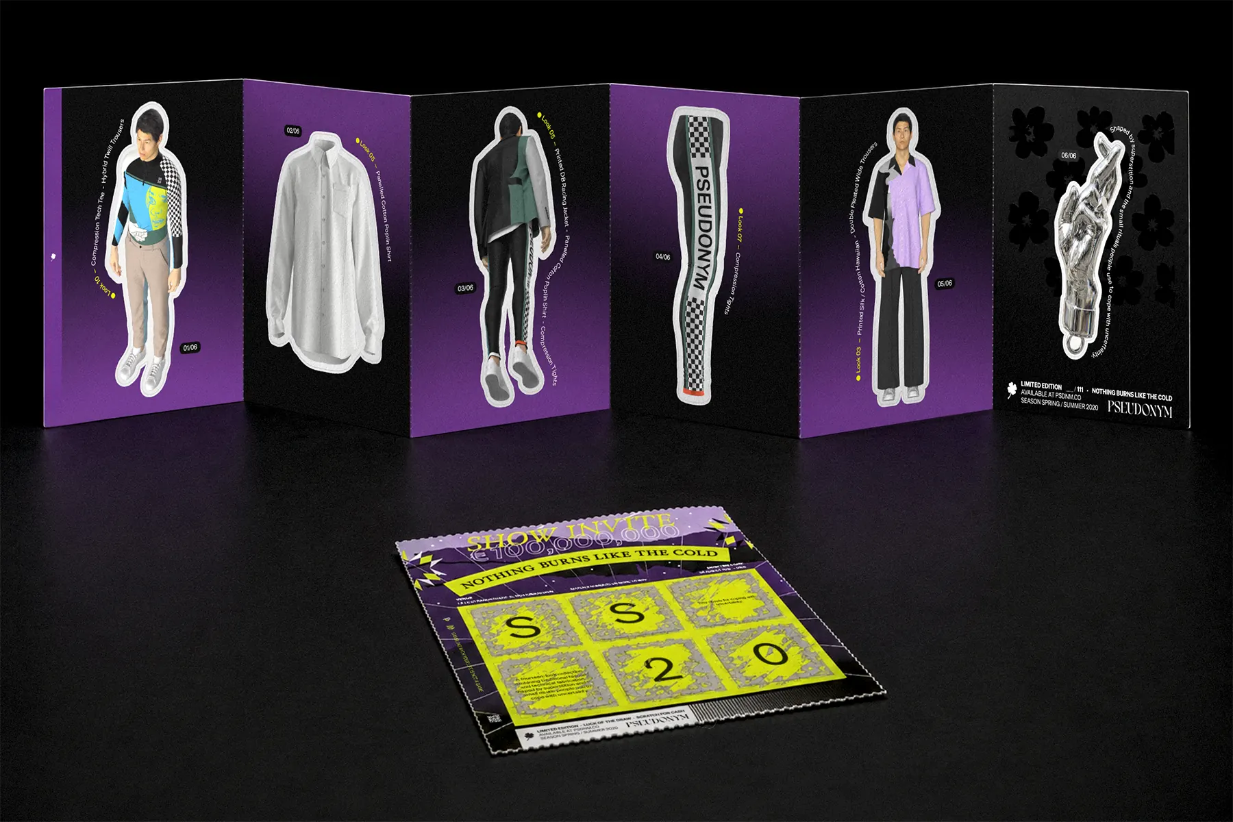 PSEUDONYM Spring Summer 2020 scratch card show invitation and fold-out die cut stickers featuring 3D looks and individual garments and accessories.