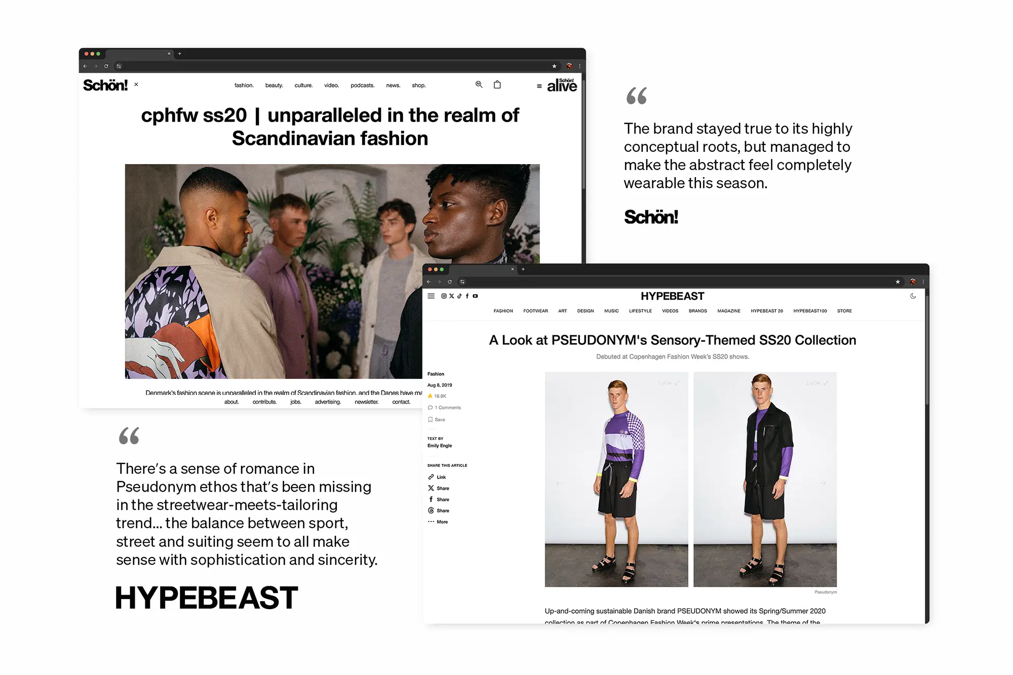 PSEUDONYM Spring Summer 2020 press coverage featuring Schön! and HYPEBEAST editorial screenshots with selected quotes about the collection.