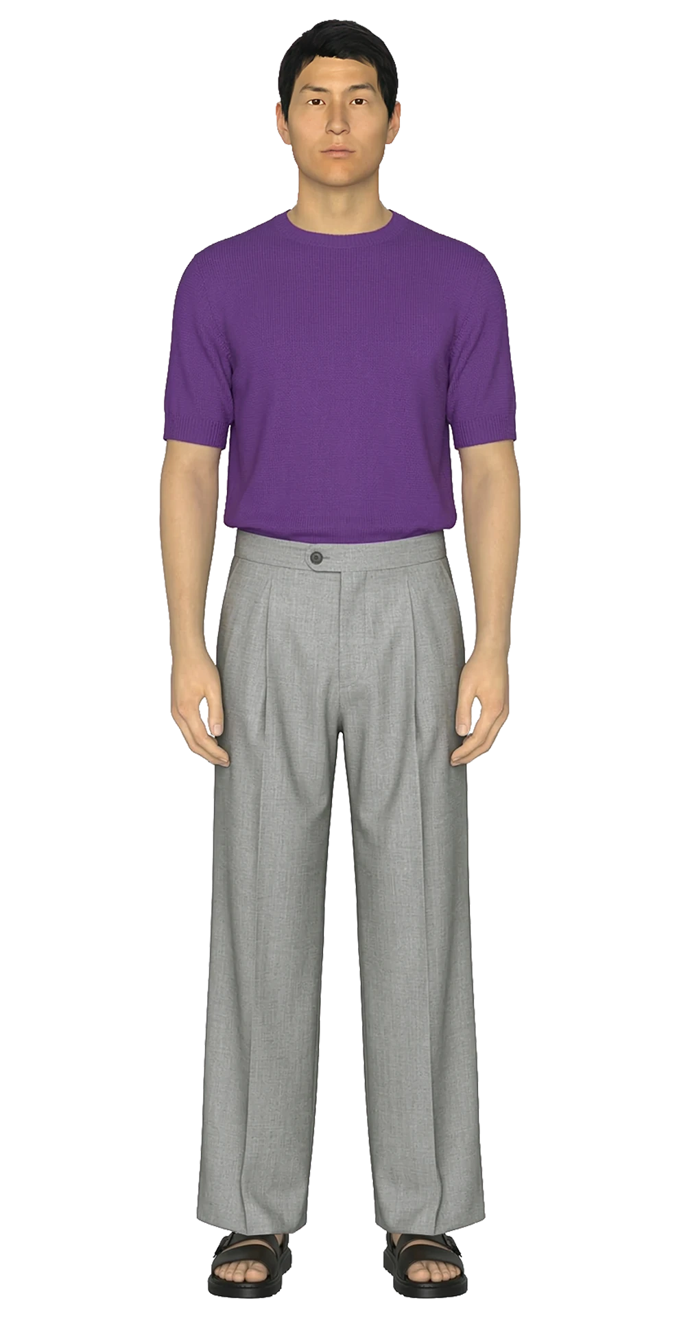 Look 01 from the SS20 lineup, featuring a purple short-sleeve cashmere knit top, grey wide-leg pleated trousers, and black sandals.