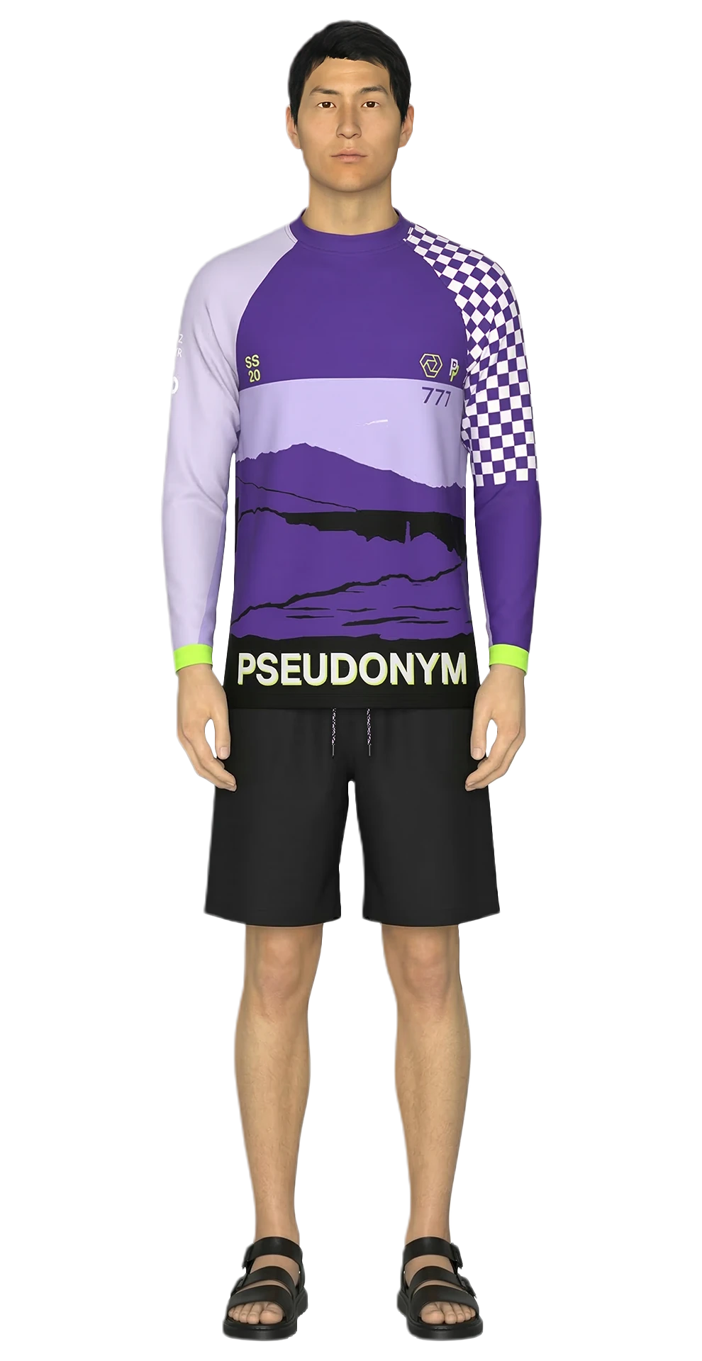 Look 02 from the SS20 lineup, featuring a purple graphic compression T-shirt with checkerboard sleeve detail, black water-repellent ripstop shorts, and black sandals.