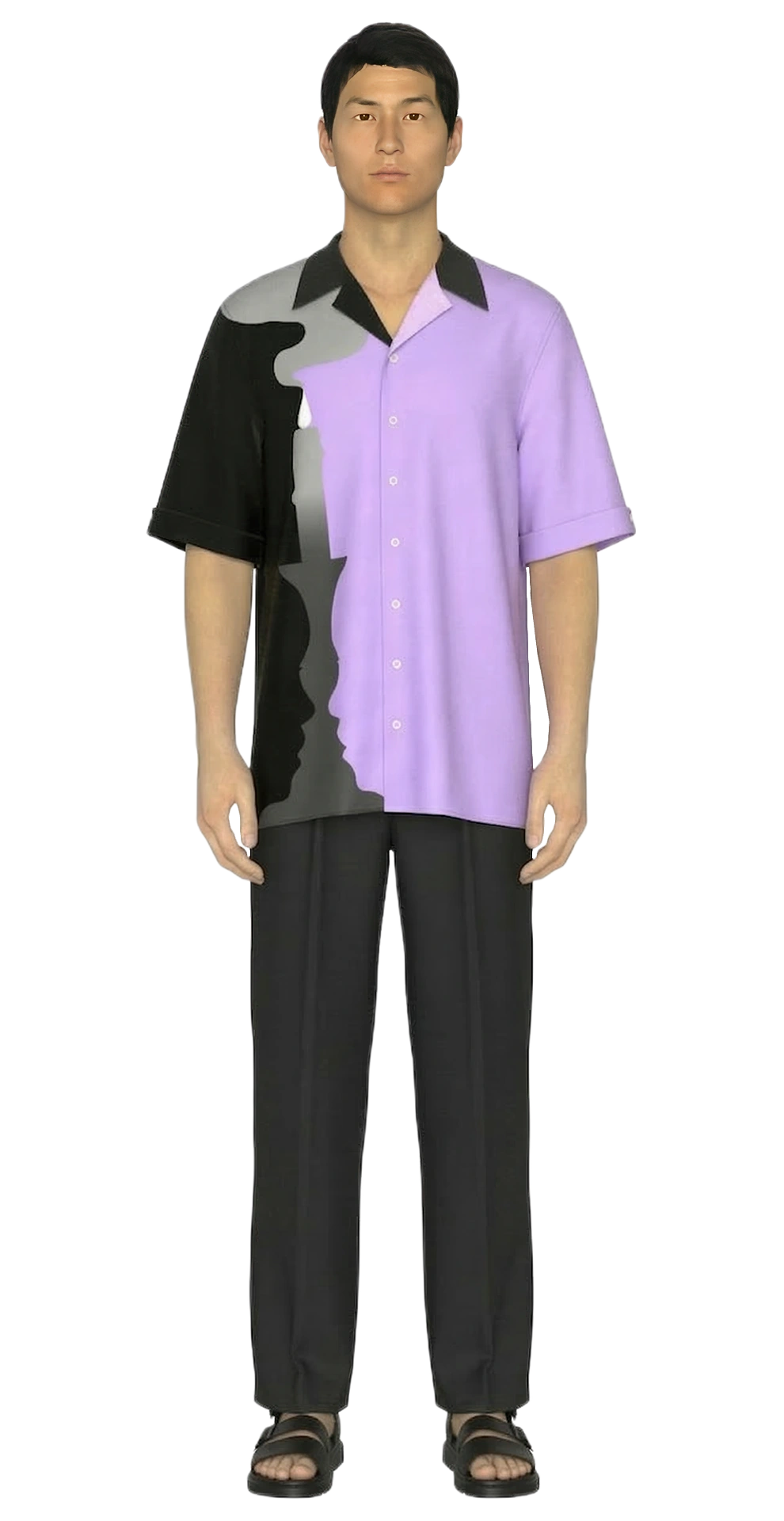 Look 03 from the SS20 lineup, featuring a lavender, black, and grey printed silk-cotton Hawaiian shirt, black double-pleated wide trousers, and black sandals.