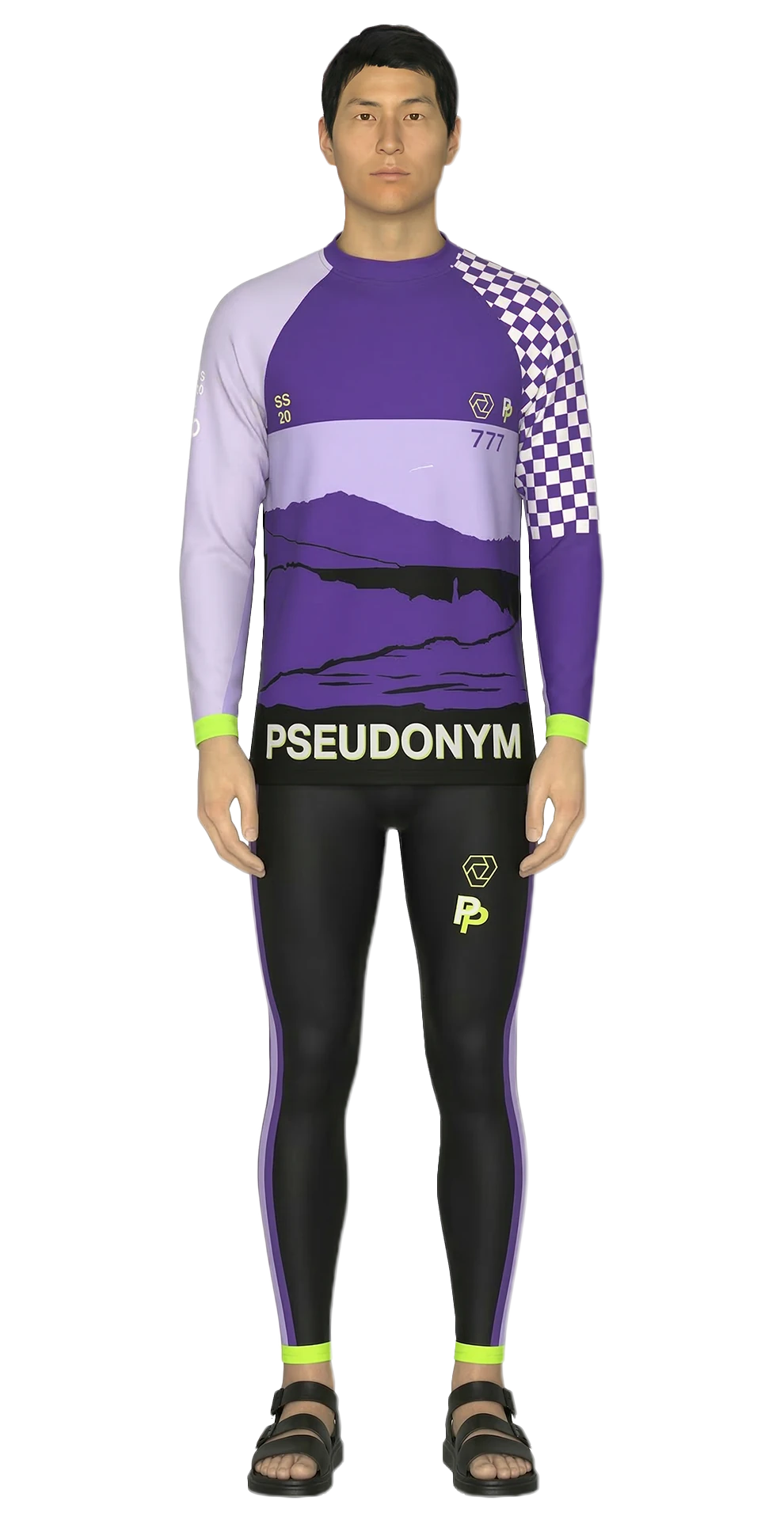 Look 04 from the SS20 lineup, featuring a purple graphic compression raglan T-shirt, black compression tights with neon ankle cuffs, and black sandals.