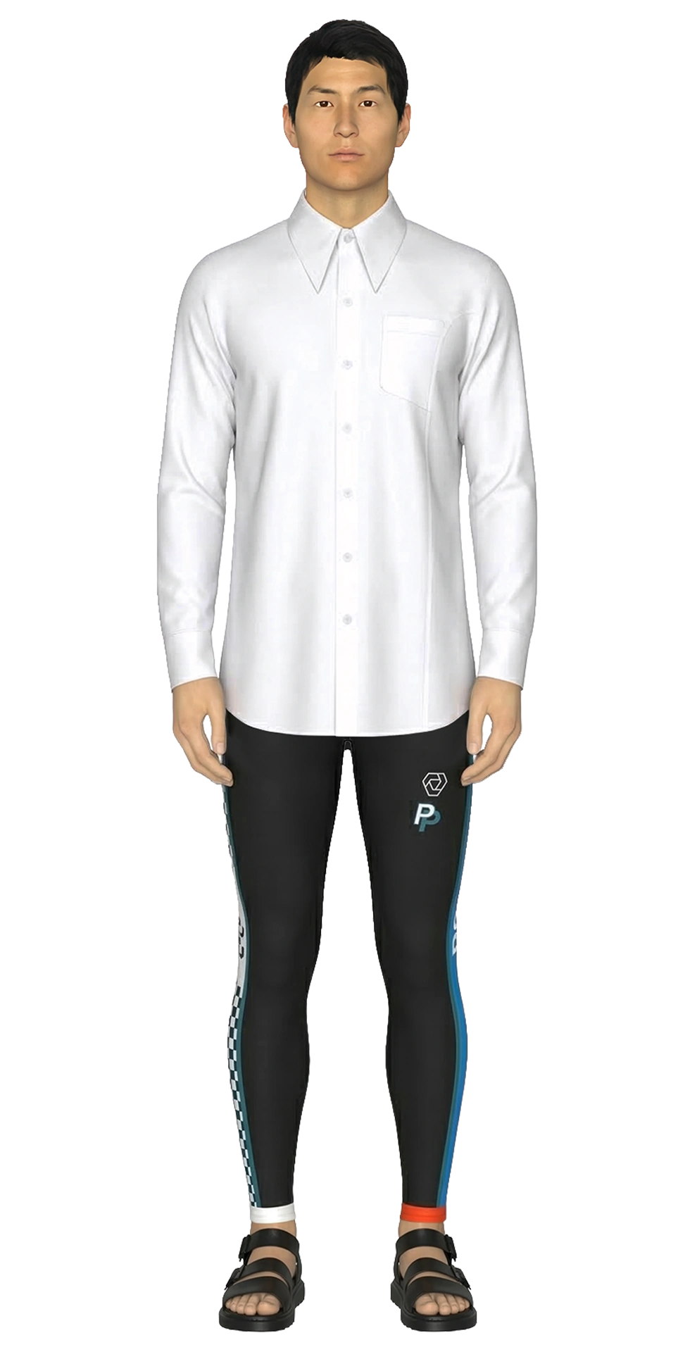 Look 05 from the SS20 lineup, featuring a white panelled cotton poplin shirt, black compression tights with mismatched ankle cuffs, and black sandals.