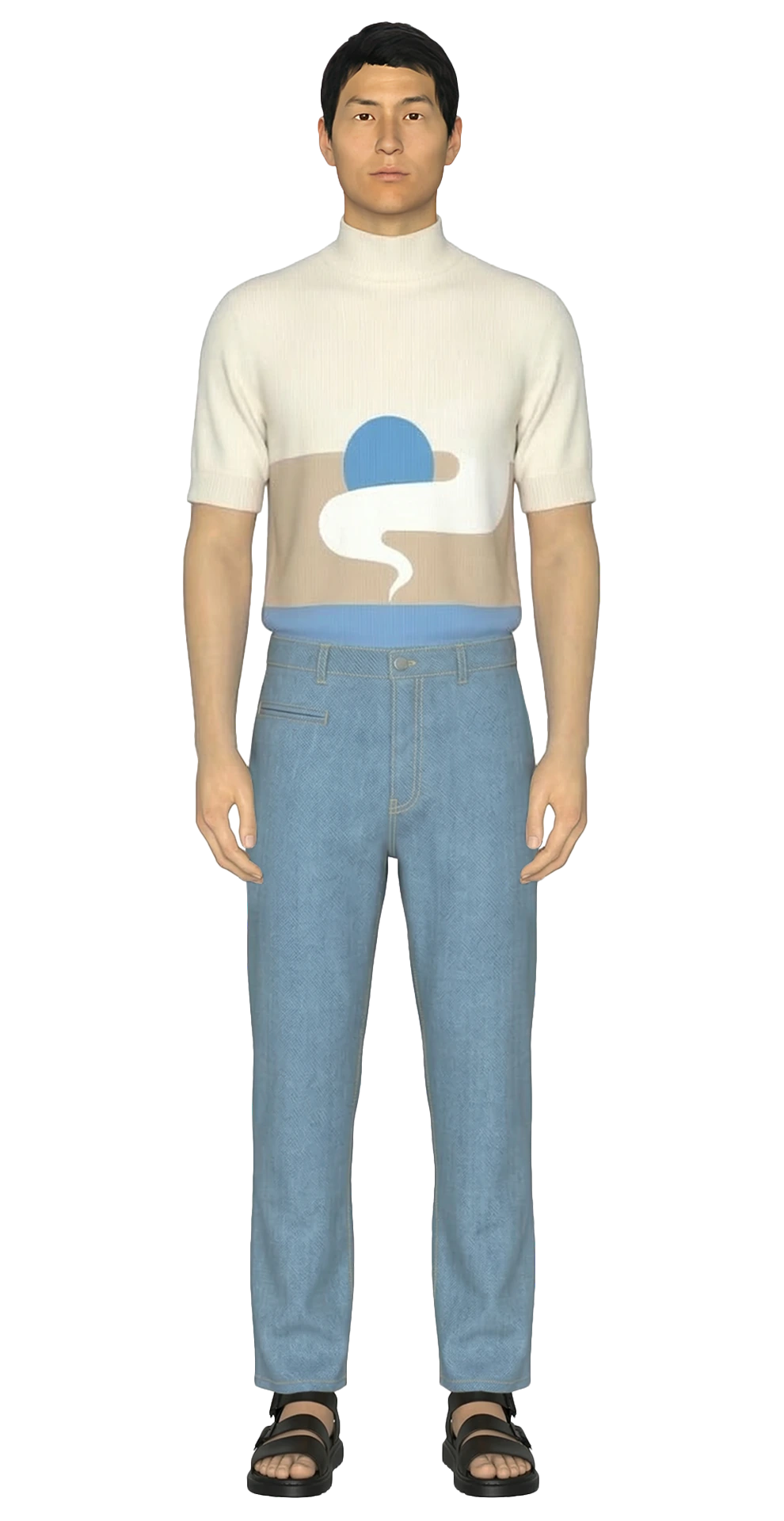 Look 06 from the SS20 lineup, featuring a cream short-sleeve cashmere mock turtleneck with an abstract blue-and-beige graphic, indigo-dyed light denim jeans, and black sandals.