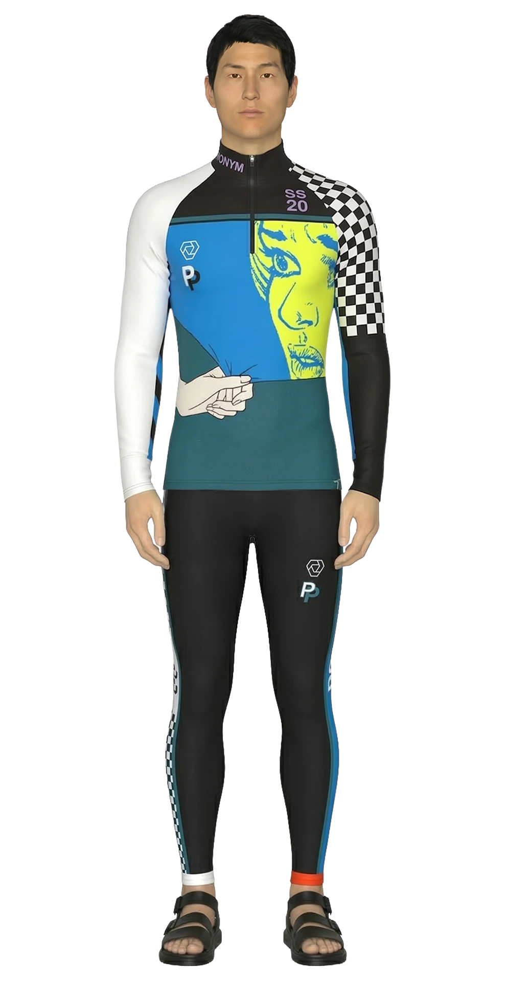 Look 07 from the SS20 lineup, featuring a blue, yellow, black, and white graphic compression raglan top with checkerboard sleeve detail, black compression tights with mismatched ankle cuffs, and black sandals.