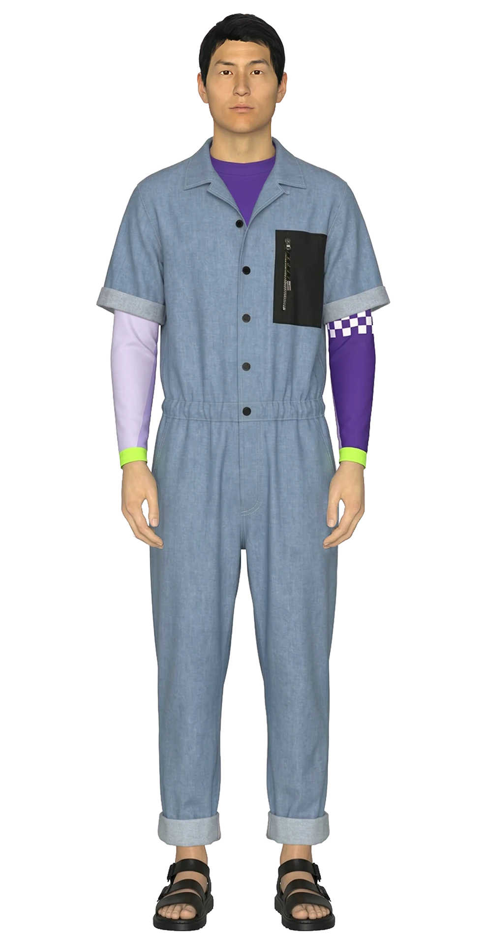 Look 08 from the SS20 lineup, featuring an indigo-dyed denim jumpsuit layered over a purple compression raglan top with checkerboard sleeve detail, neon cuffs, and black sandals.