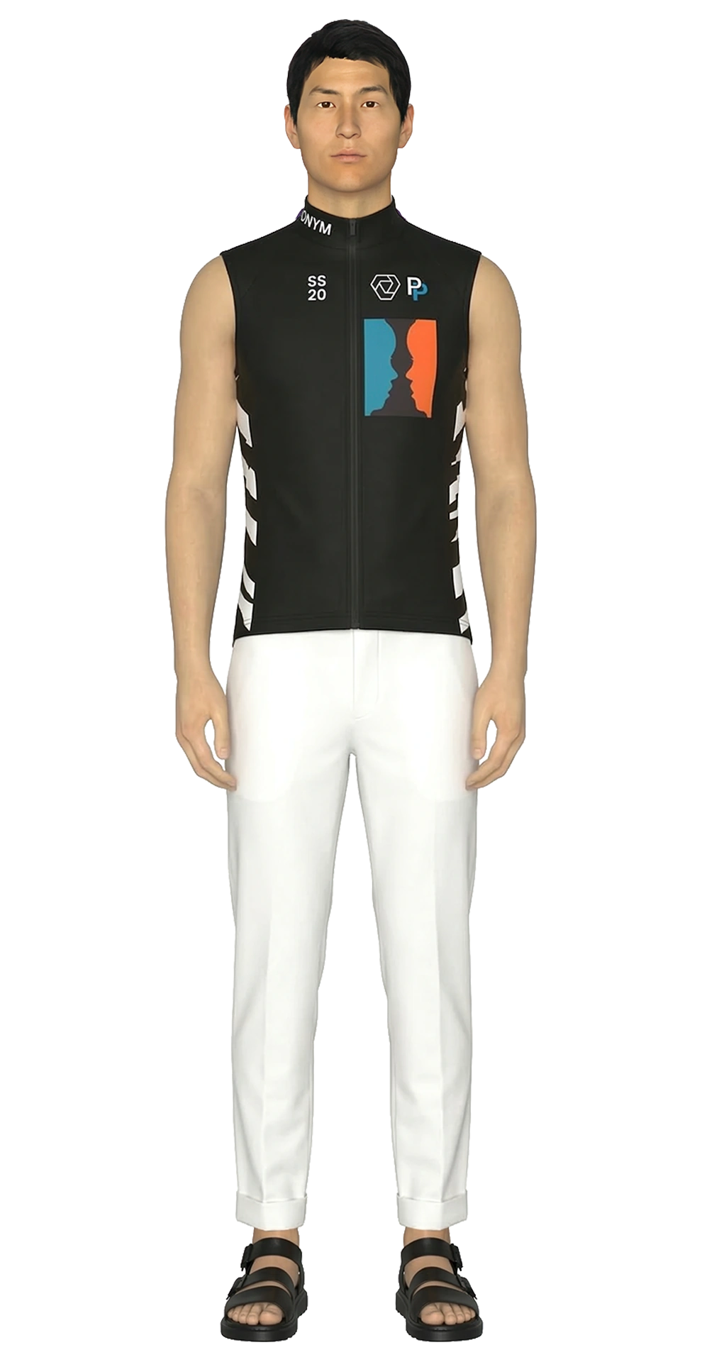 Look 09 from the SS20 lineup, featuring an indigo-dyed denim shirt layered over a black flight vest, white water-repellent cuffed trousers, and black sandals.