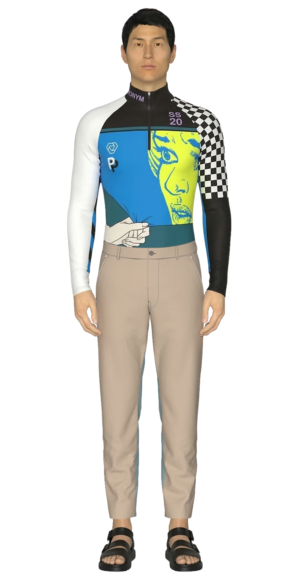 Look 10 from the SS20 lineup, featuring a graphic compression tech T-shirt with checkerboard sleeve detail, beige hybrid twill trousers, and black sandals.