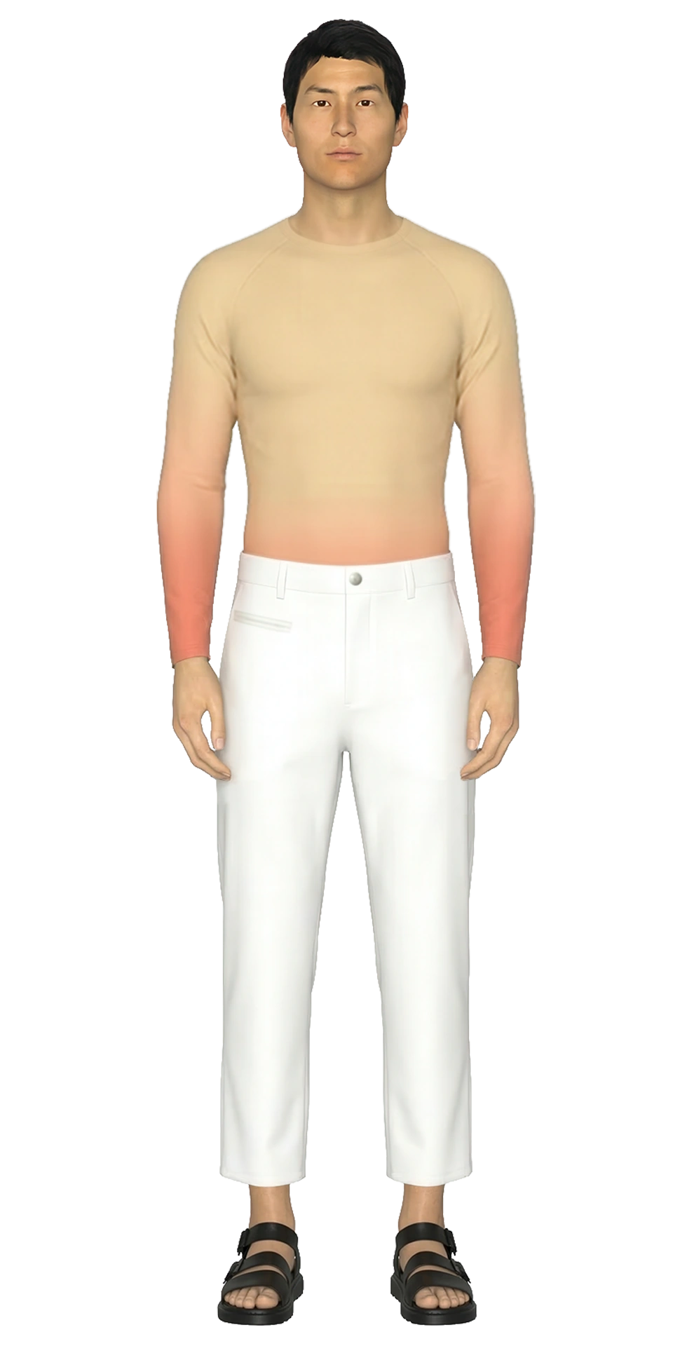 Look 11 from the SS20 lineup, featuring a sunburn-effect French jersey printed T-shirt, white water-repellent jeans, and black sandals.