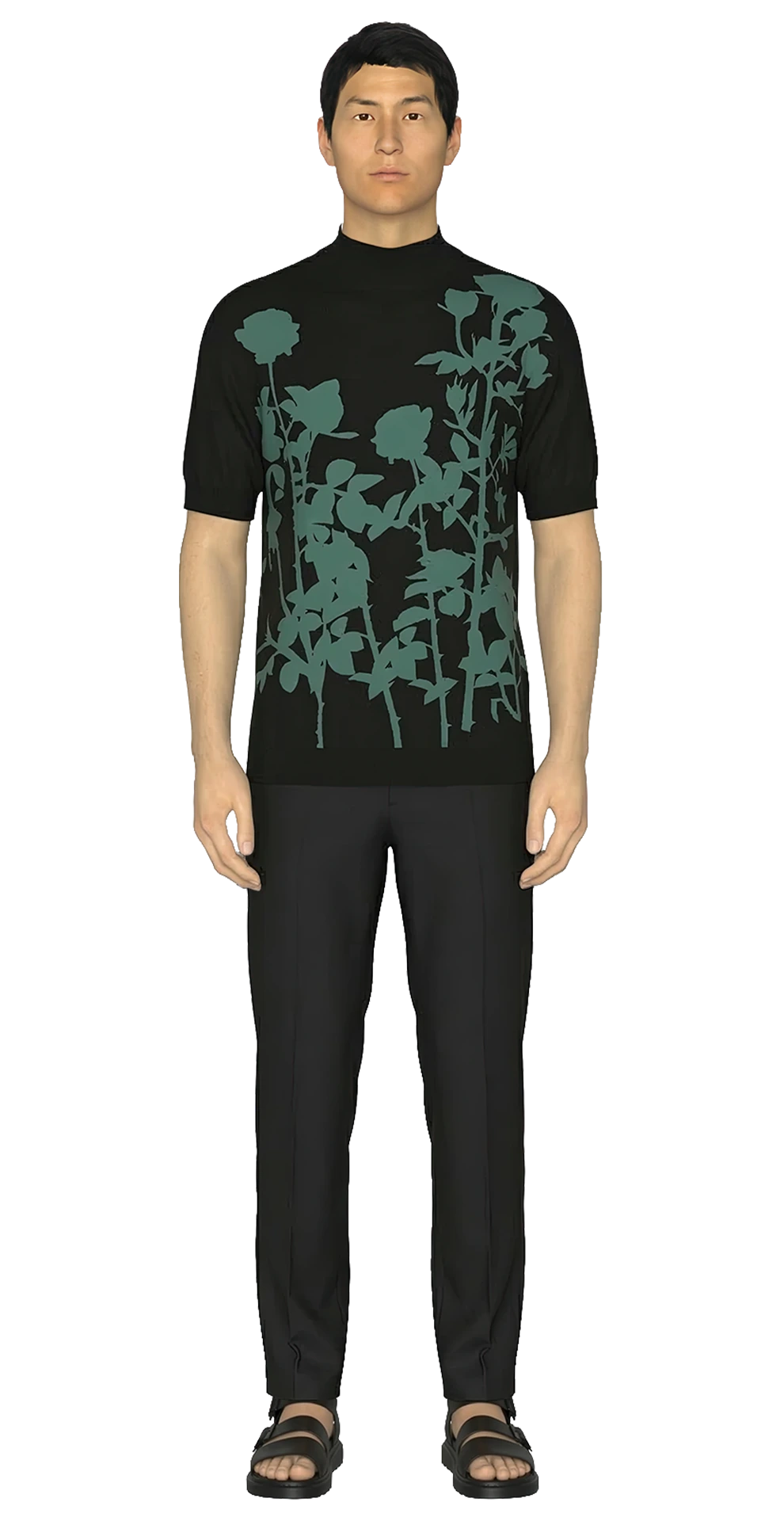 Look 12 from the SS20 lineup, featuring a black short-sleeve cashmere intarsia T-shirt with a muted green floral graphic, dark wool cuffed trousers, and black sandals.