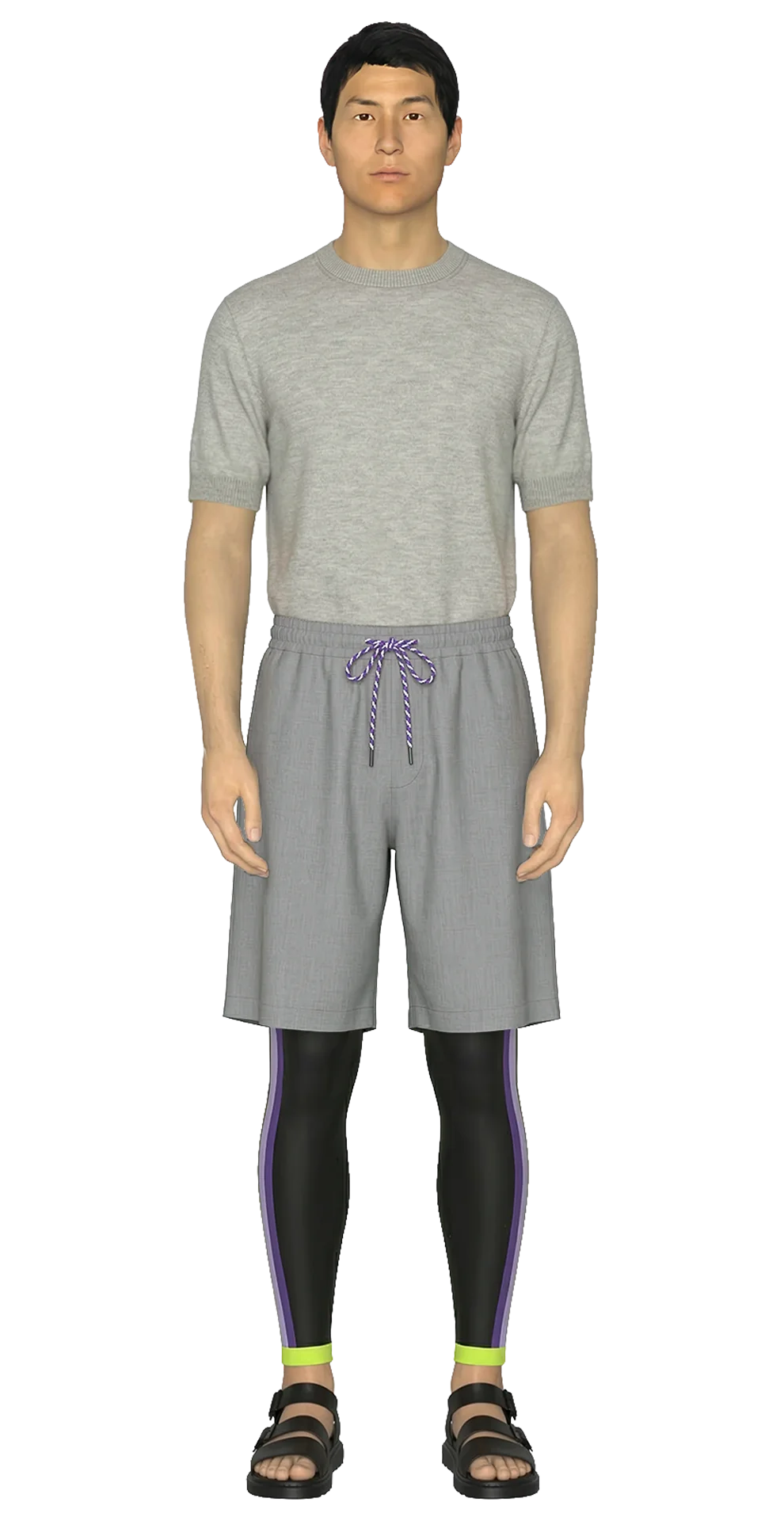 Look 13 from the SS20 lineup, featuring a grey Mongolian cashmere T-shirt, grey tailored wool shorts, black compression tights with purple side stripes and neon ankle cuffs, and black sandals.