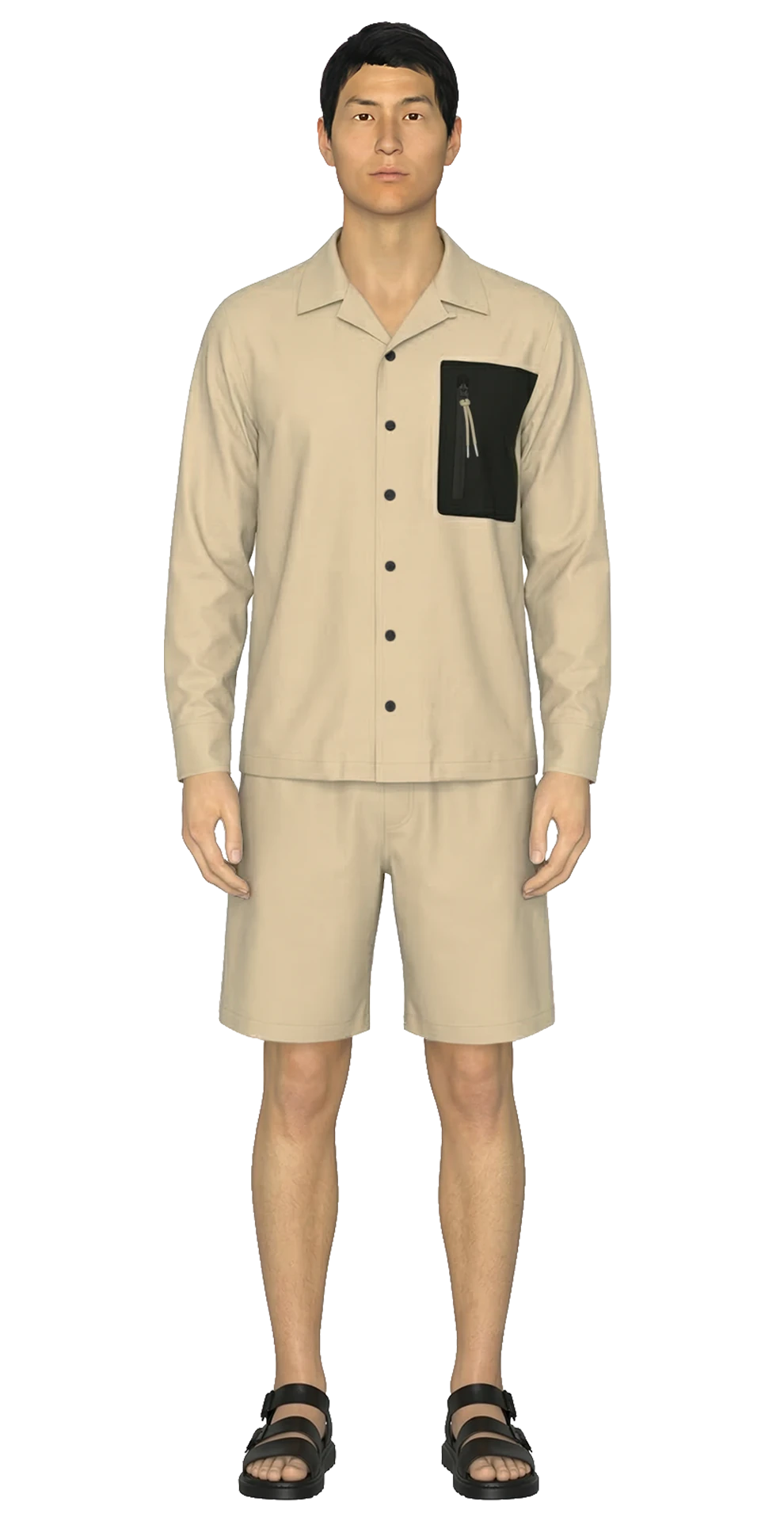 Look 14 from the SS20 lineup, featuring a beige water-repellent safari shirt, matching beige water-repellent safari shorts, and black sandals.