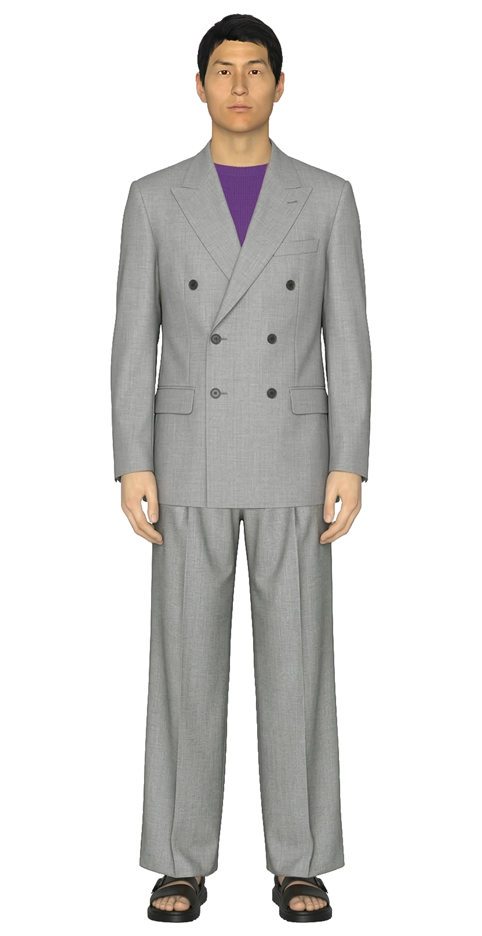 Look 01 from the SS20 lineup, featuring a grey double-breasted racing jacket with matching wide-leg pleated trousers, layered over a purple cashmere T-shirt and styled with black sandals.