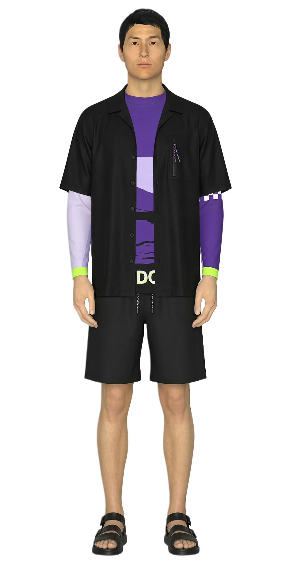 Look 02 from the SS20 lineup, featuring a black cotton poplin Hawaiian shirt and black water-repellent ripstop shorts, layered over a purple graphic compression raglan T-shirt and styled with black sandals.
