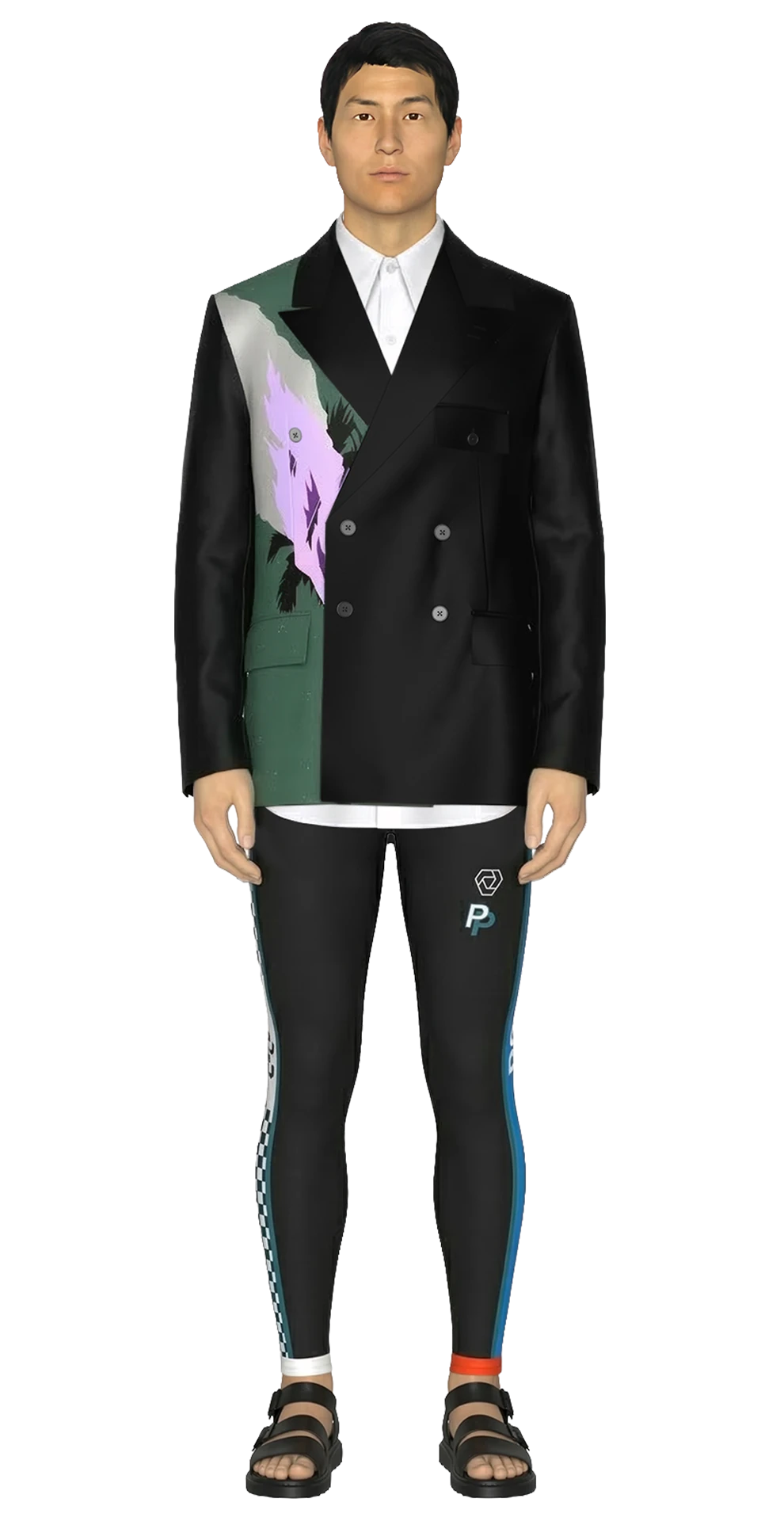 Look 05 from the SS20 lineup, featuring a black printed double-breasted racing jacket with a green-and-lilac graphic panel, layered over a white panelled cotton poplin shirt, black compression tights with mismatched ankle cuffs, and black sandals.
