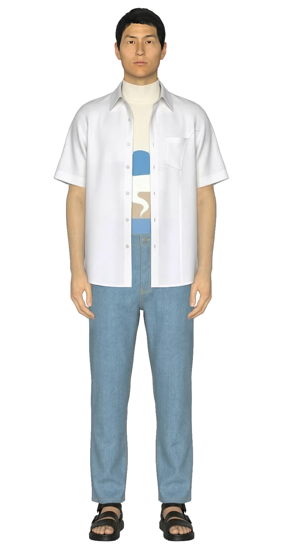 Look 06 from the SS20 lineup, featuring a white panelled cotton poplin Hawaiian shirt layered over a cream graphic cashmere mock turtleneck, styled with indigo-dyed light denim jeans and black sandals.