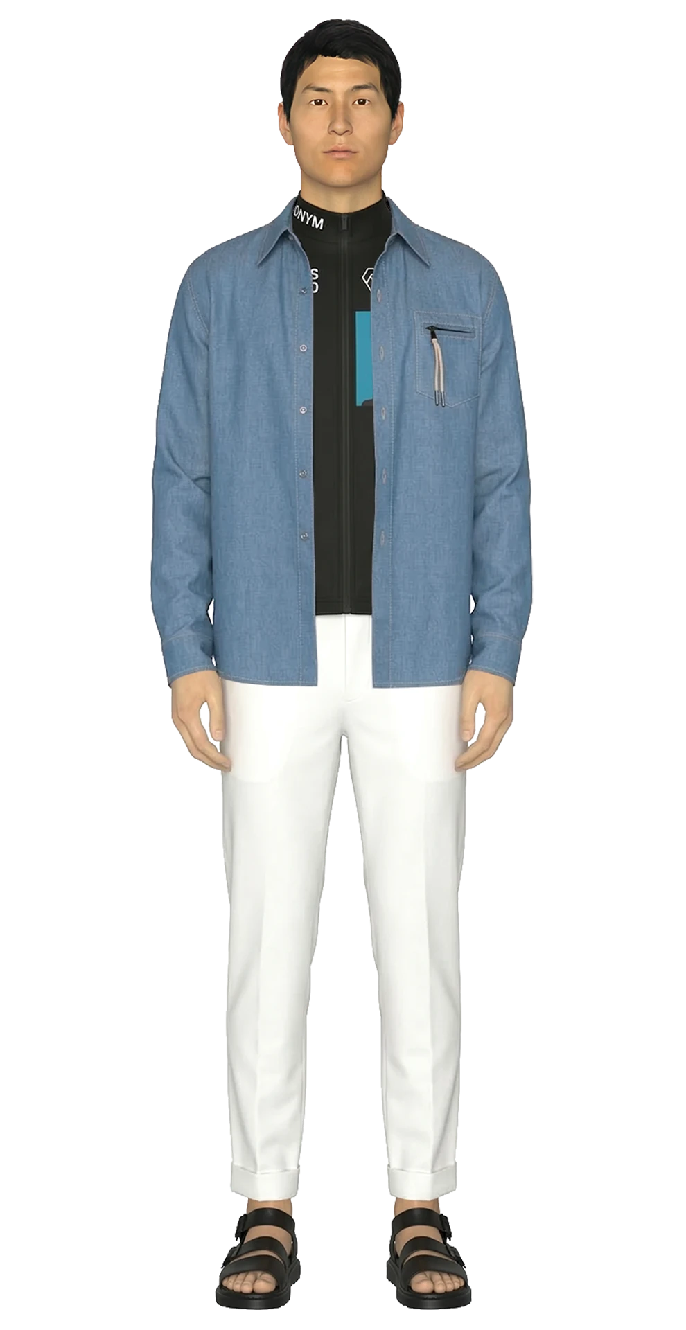 Look 09 from the SS20 lineup, featuring an indigo-dyed denim shirt layered over a black flight vest, styled with white water-repellent cuffed trousers and black sandals.