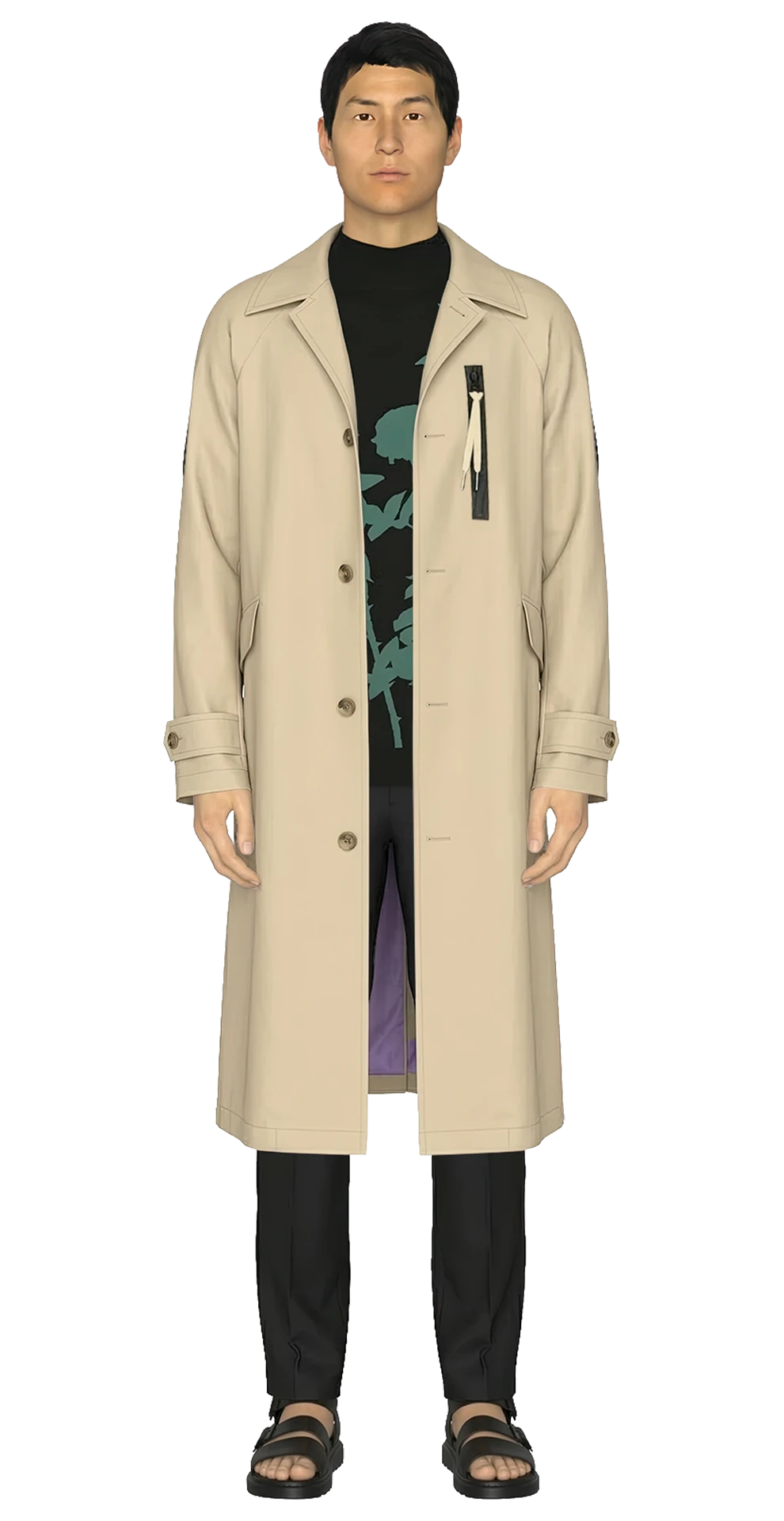 Look 12 from the SS20 lineup, featuring a beige printed mackintosh layered over a black floral cashmere intarsia T-shirt, styled with dark wool cuffed trousers and black sandals.