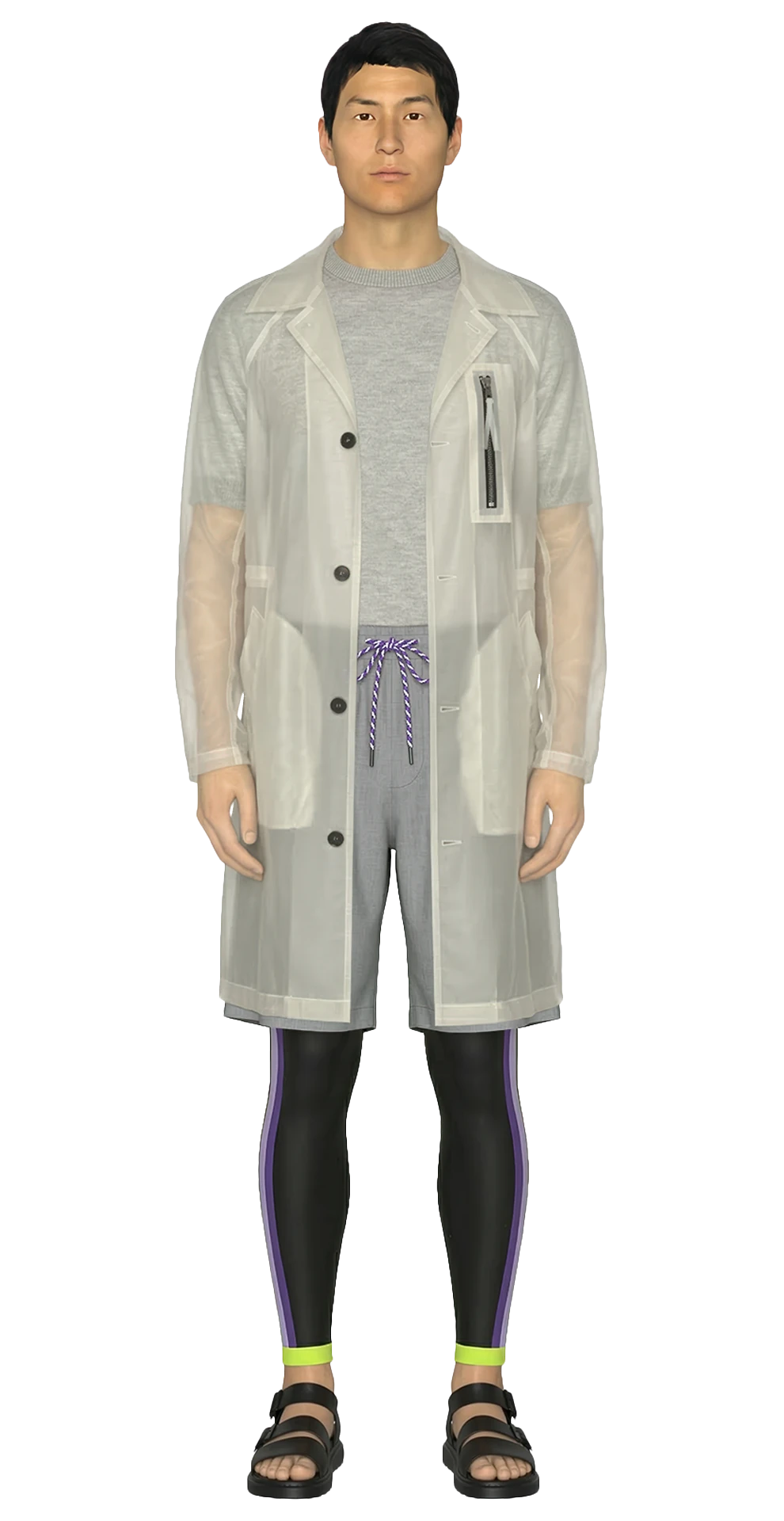 Look 13 from the SS20 lineup, featuring a translucent all-weather field coat layered over a grey cashmere T-shirt and tailored wool shorts, styled with black compression tights with purple side stripes, neon ankle cuffs, and black sandals.