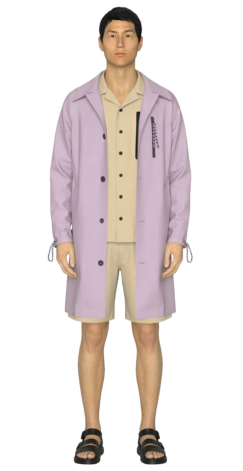 Look 14 from the SS20 lineup, featuring a pale lavender waxed field coat layered over a beige water-repellent safari shirt and matching safari shorts, styled with black sandals.