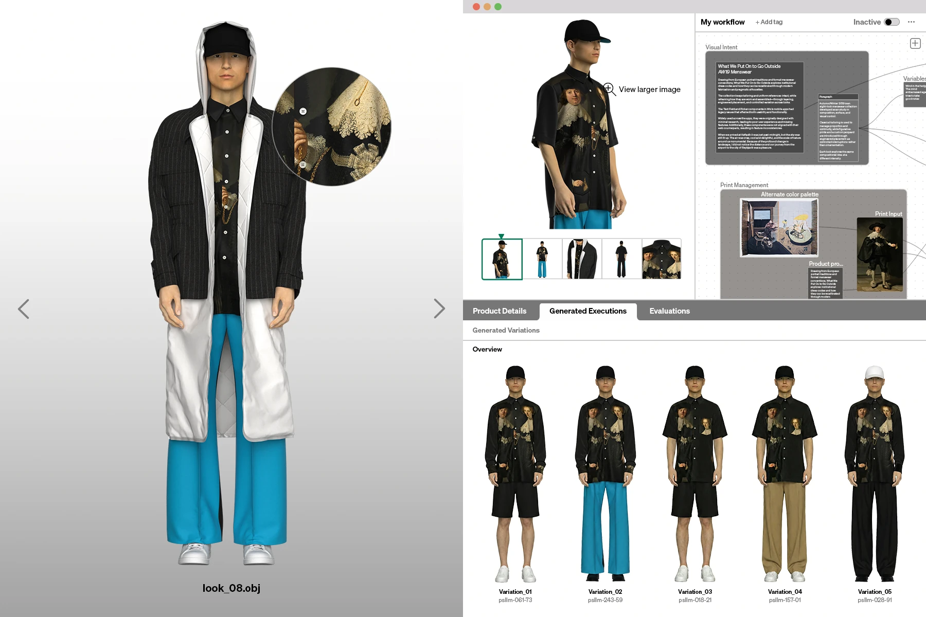 3D product development workflow for PSEUDONYM Autumn Winter 2019, showing a virtual garment prototype, print-management board, and generated design variations.