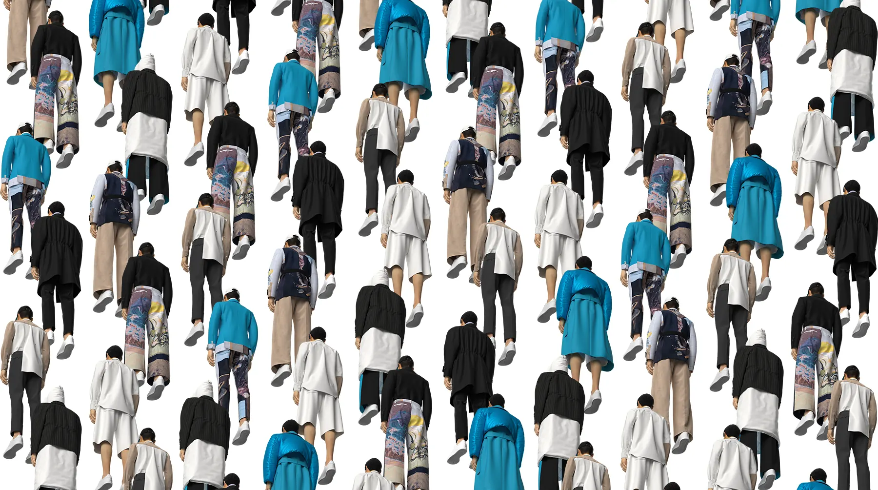 3D composition study for PSEUDONYM Autumn Winter 2019, showing repeated rear-view digital looks arranged in a staggered all-over composition.