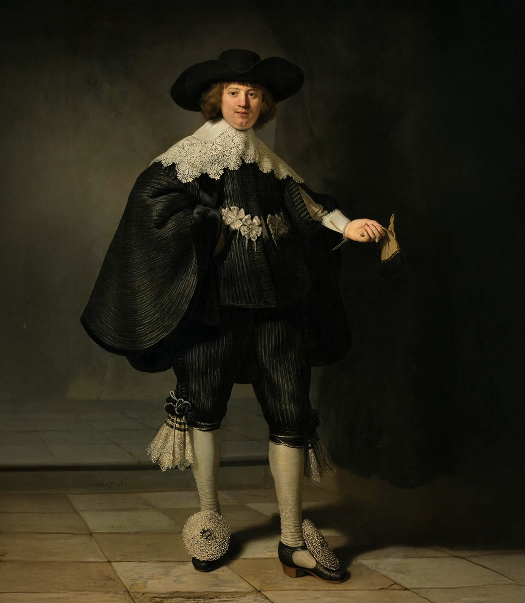 Rembrandt’s full-length portrait of Maerten Soolmans, showing black formal dress, lace detailing, and chiaroscuro references.