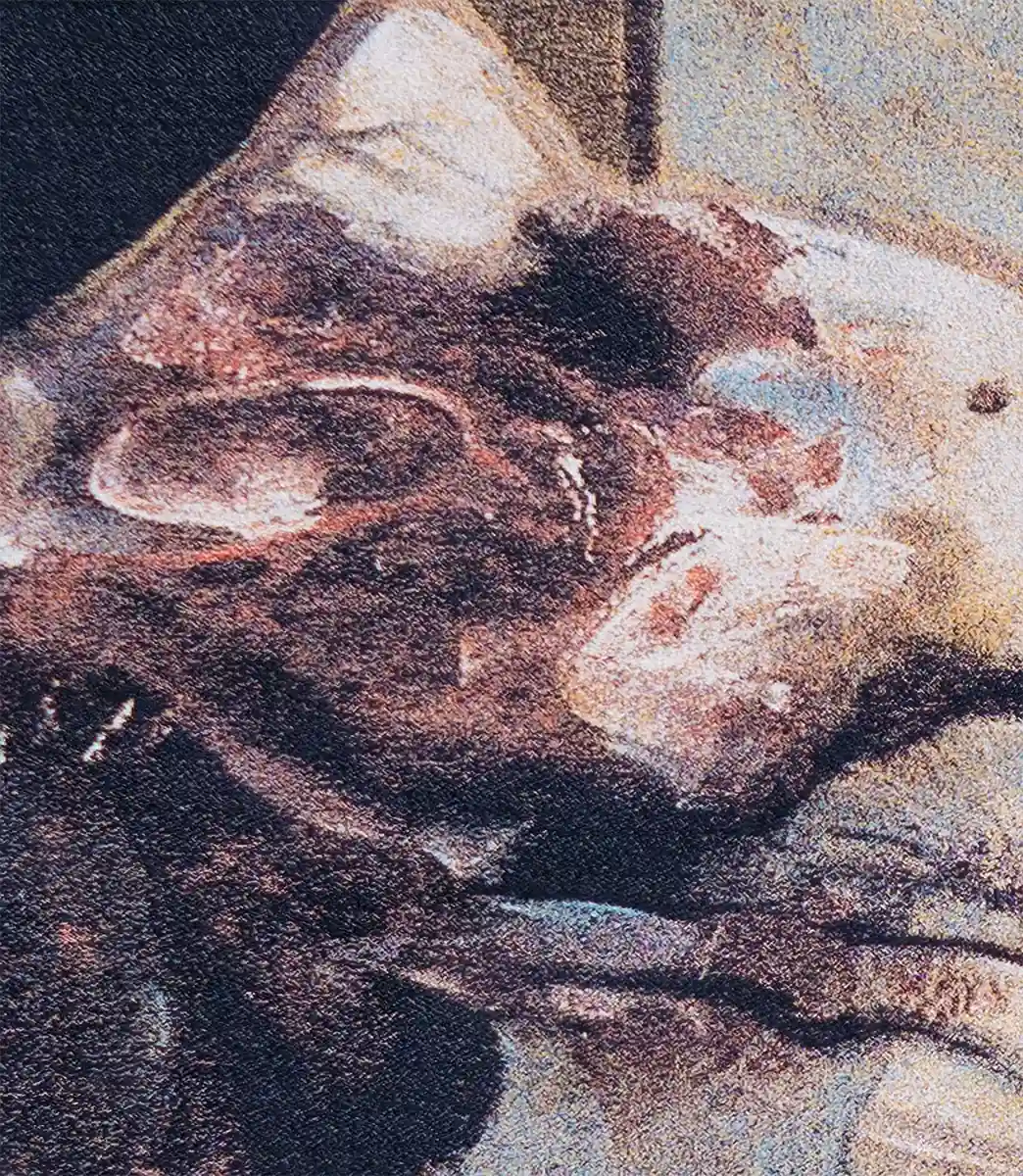 Close-up of custom woven jacquard fabric from PSEUDONYM Autumn Winter 2019, showing a painterly image inspired by Francis Bacon translated into textured cloth.