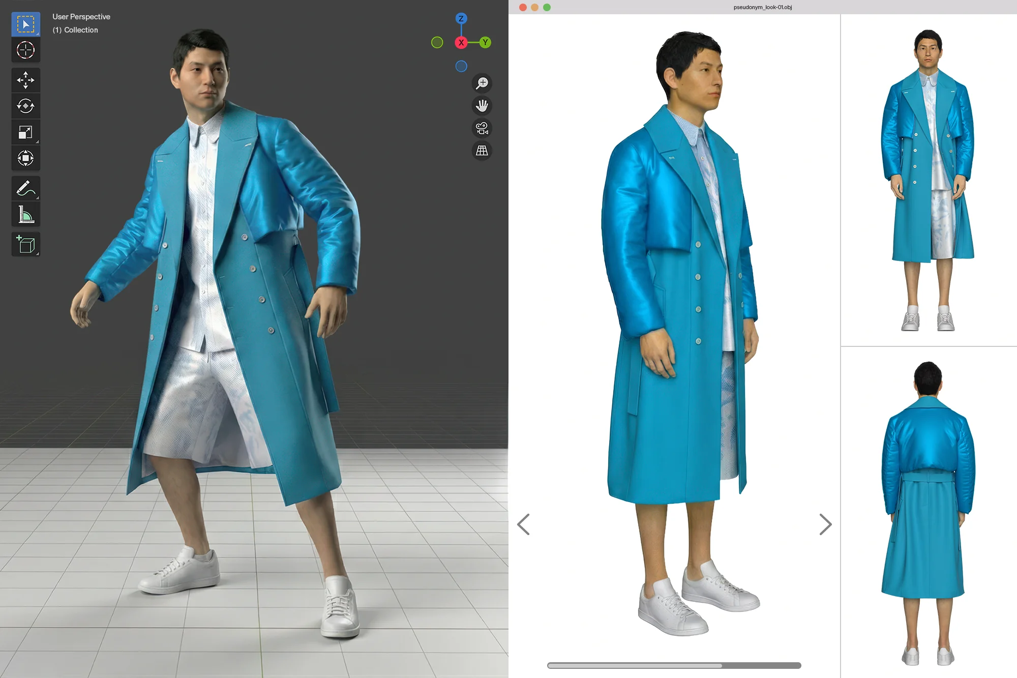 Custom 3D development workflow showing a digital garment prototype with technical front, side, and back views for PSEUDONYM Autumn Winter 2019.
