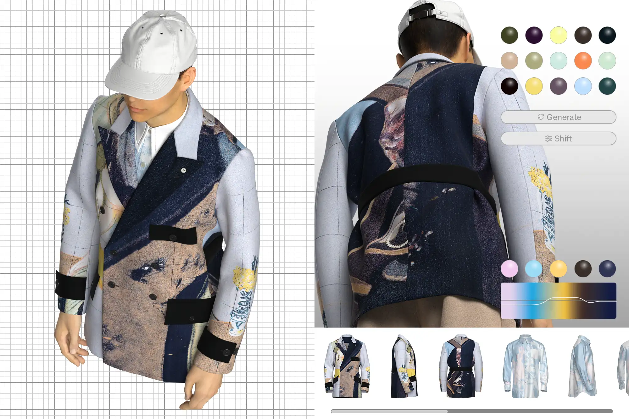 Color palette development for PSEUDONYM Autumn Winter 2019, showing a jacquard jacket prototype with swatches and garment variation views.
