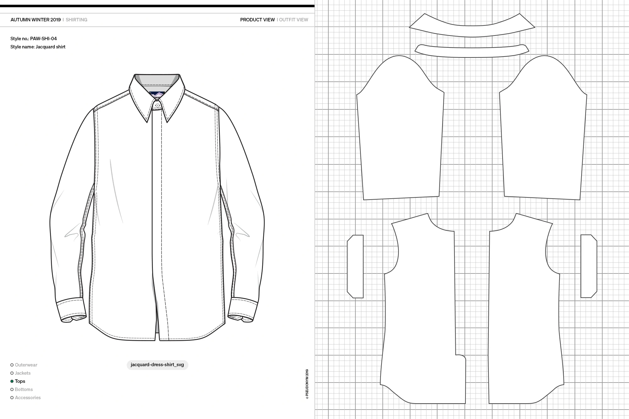 PSEUDONYM Autumn Winter 2019 print-placement map for a jacquard shirt, showing a product sketch beside pattern pieces on a grid.