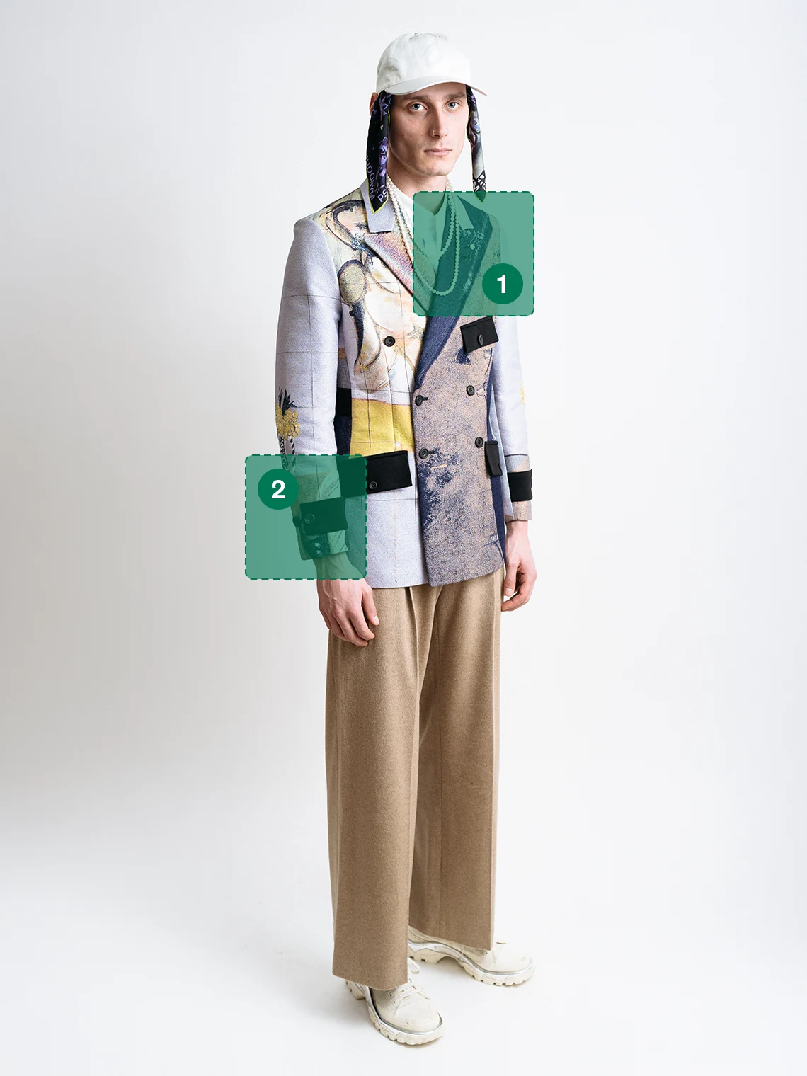 Model wearing a tailored jacquard jacket, white cap with silk scarf ties, and wide beige trousers with annotated finishing details for PSEUDONYM Autumn Winter 2019.