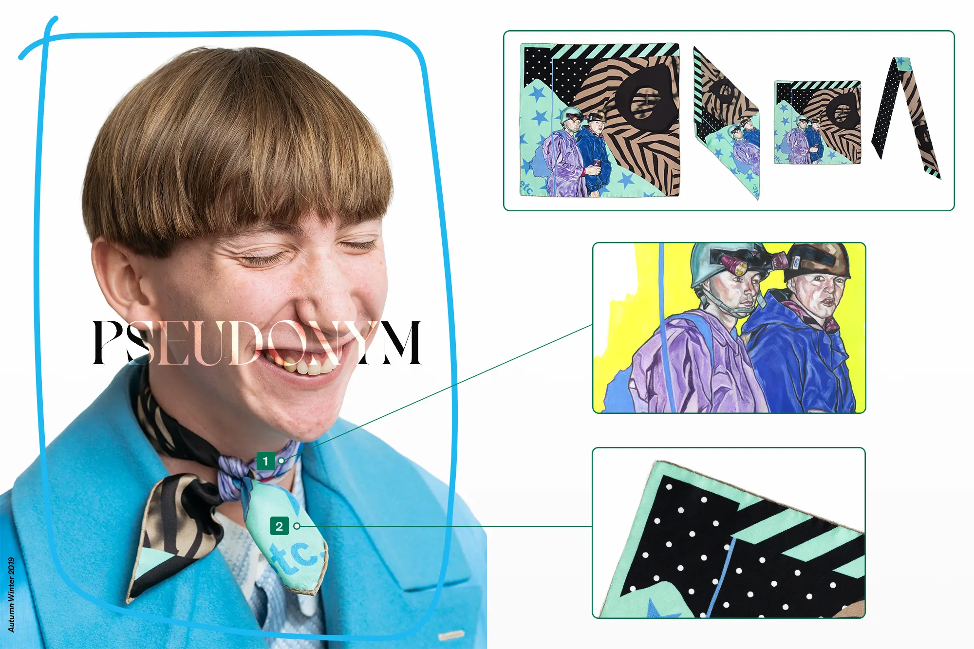 Silk scarf format development for PSEUDONYM Autumn Winter 2019, showing a campaign portrait, print artwork layouts, and finished edge details.