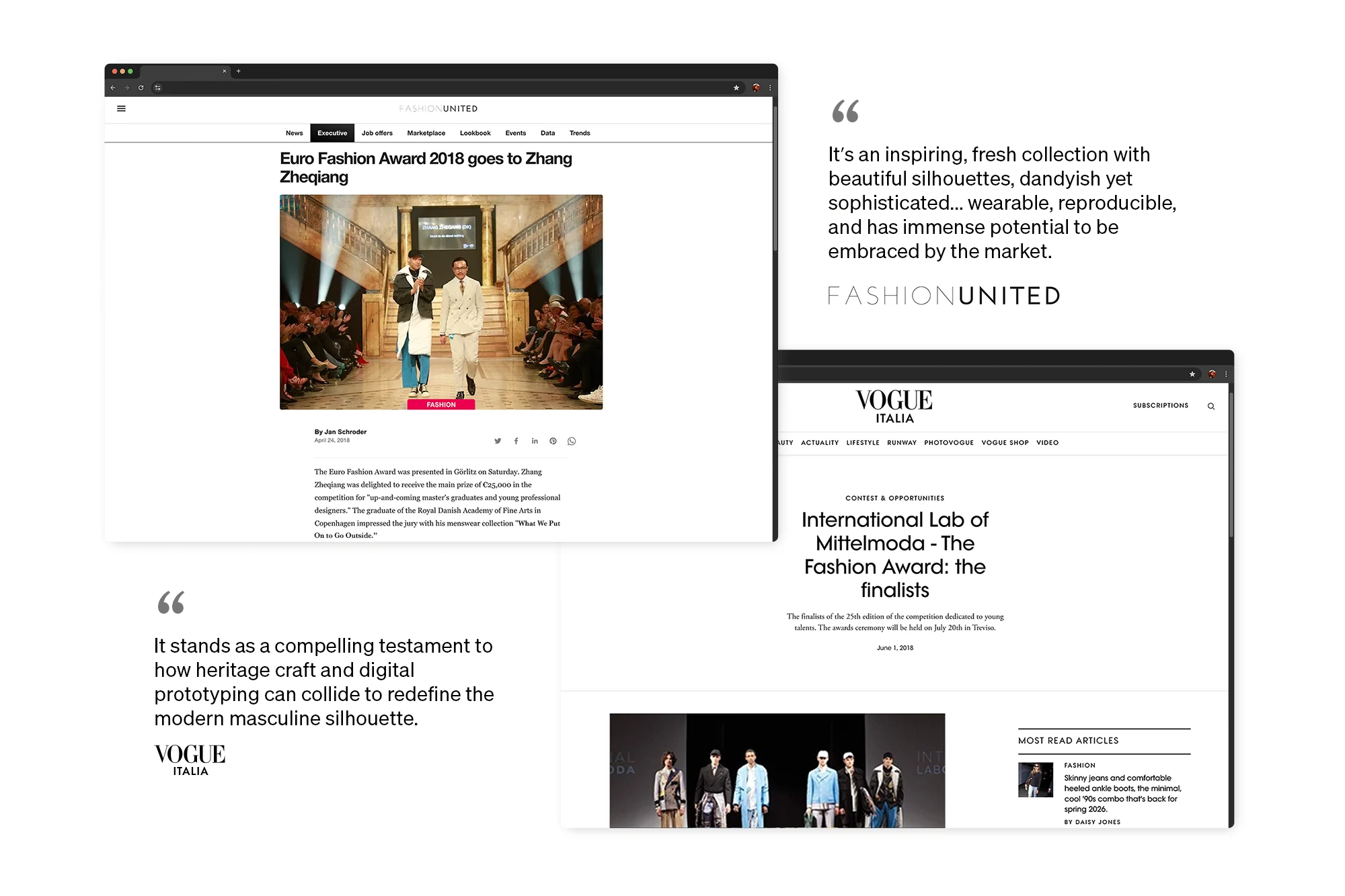 PSEUDONYM Autumn Winter 2019 press coverage, featuring Vogue Italia and FashionUnited article screenshots with selected quotes about the collection.