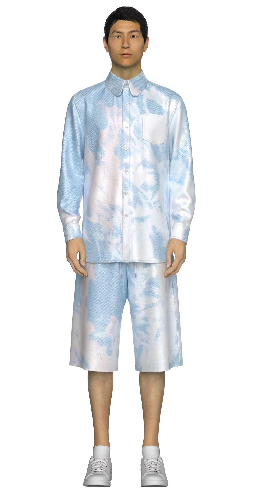 Look 01 from the AW19 lineup, featuring a matching silk twill shirt and knee-length shorts in a scanned bleach tie-dye ombré print, styled with white sneakers.