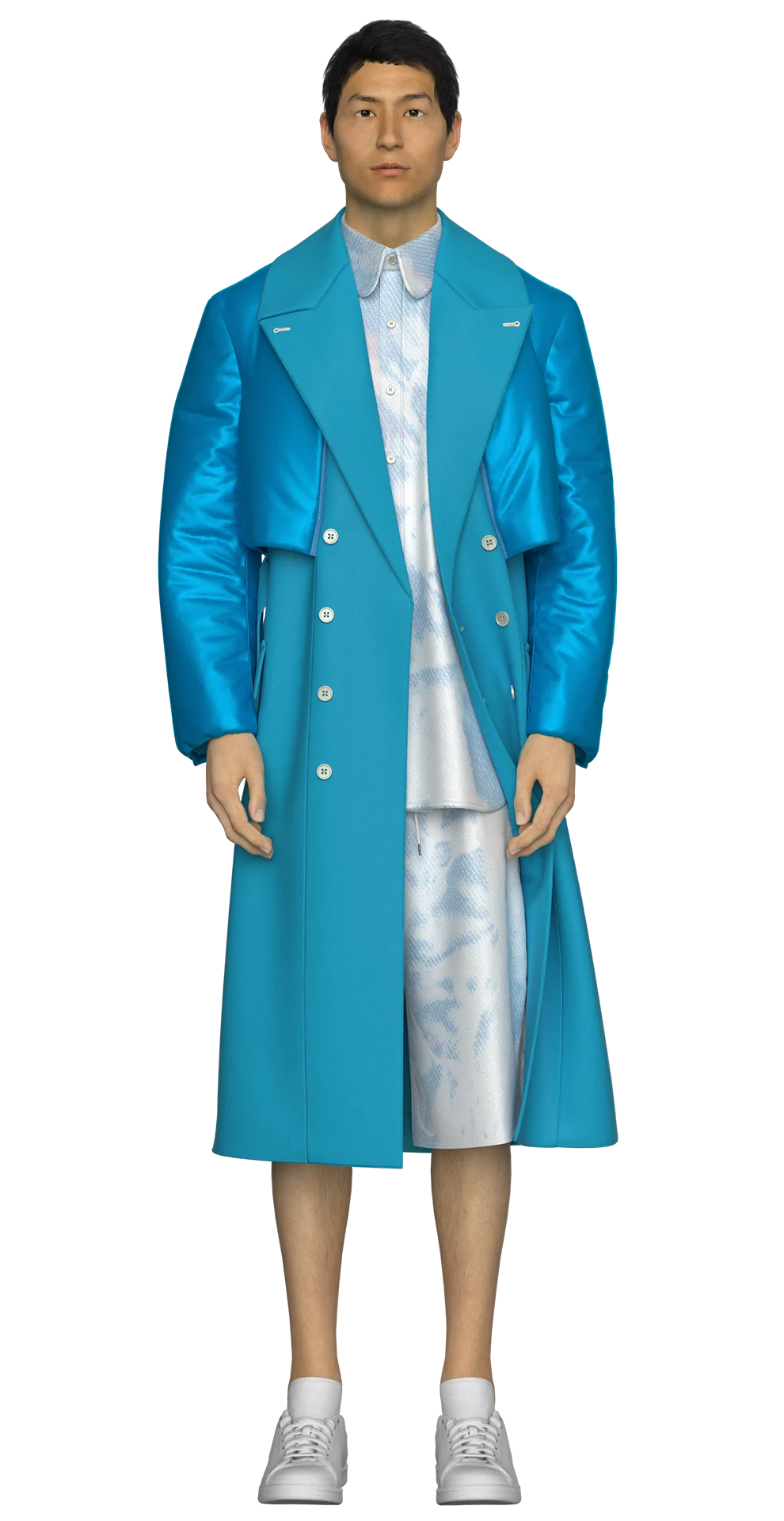 Look 01 from the AW19 lineup, featuring a cerulean blue tailored overcoat with a detachable puffer shell, layered over a silk twill shirt and matching knee-length shorts in a scanned bleach tie-dye ombré print, styled with white sneakers.