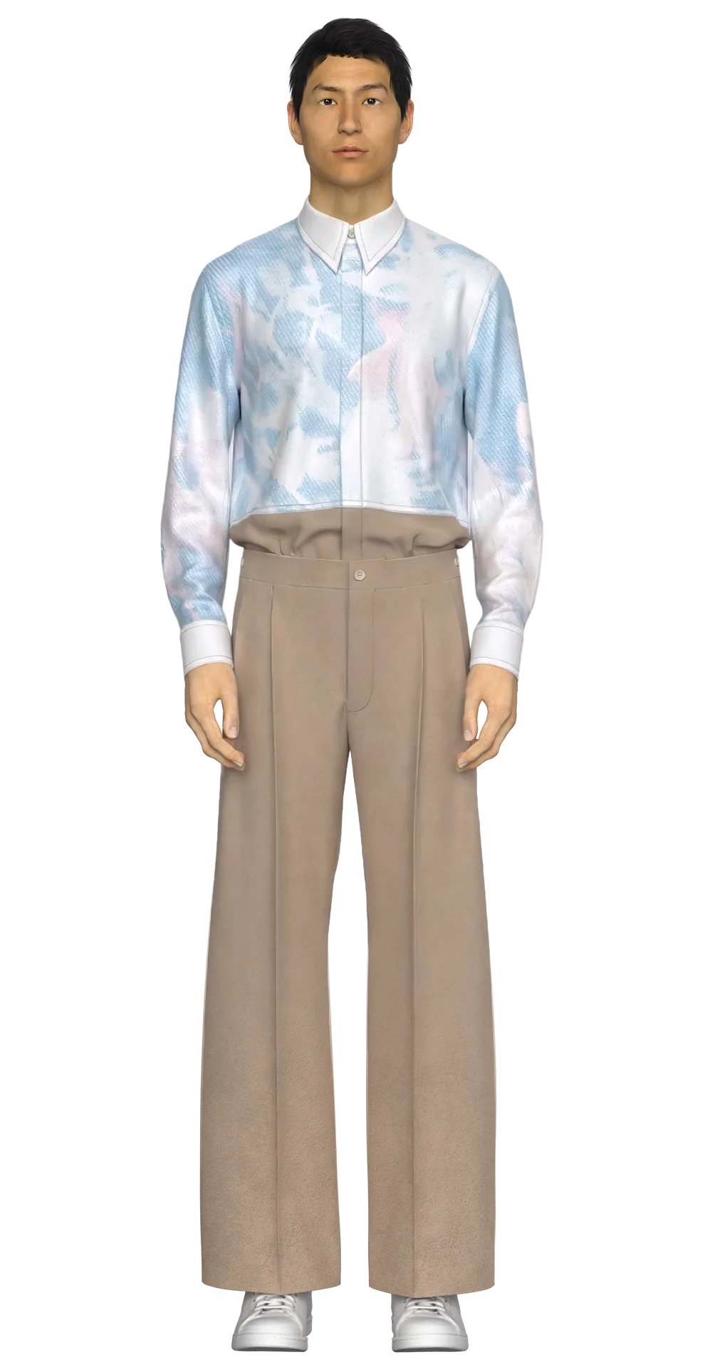 Look 02 from the AW19 lineup, featuring a panelled silk shirt in a scanned bleach tie-dye ombré print, styled with a white nylon ripstop cap, beige wide-leg wool-cashmere trousers, and white sneakers.