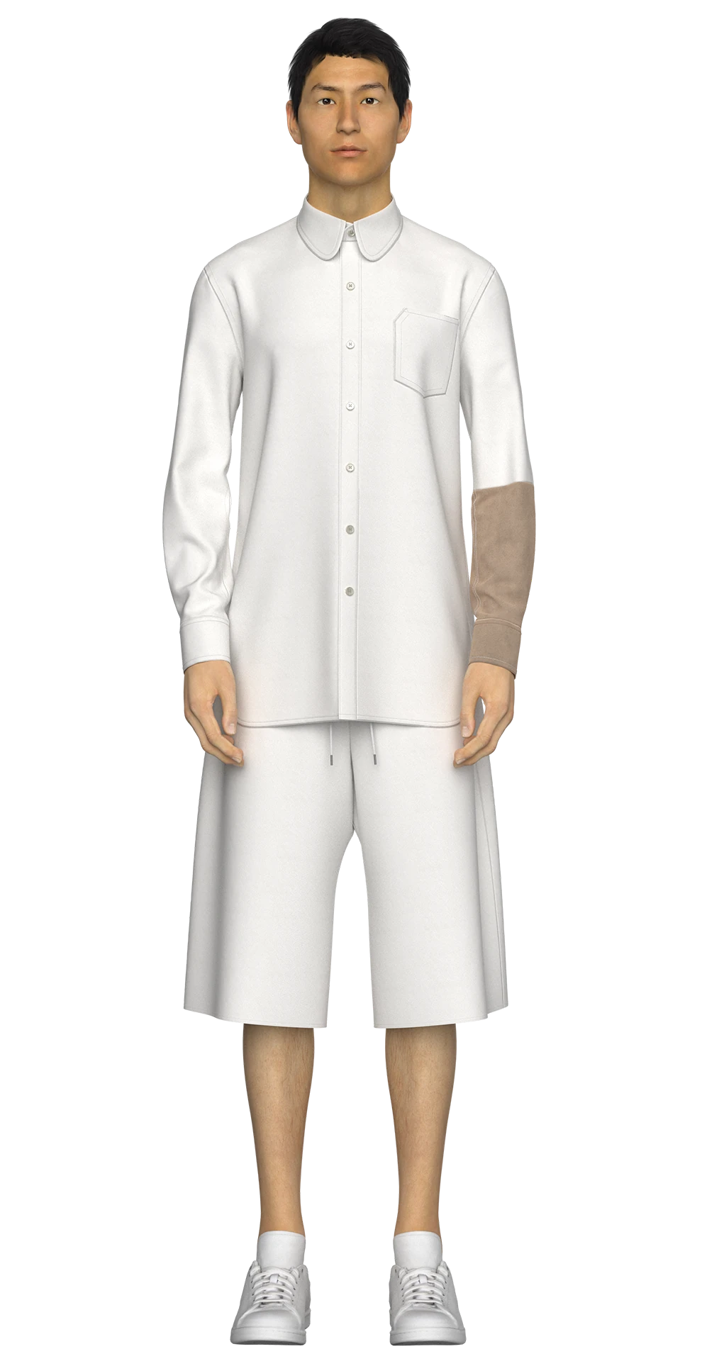 Look 04 from the AW19 lineup, featuring a white silk-wool crepe shirt with a contrasting beige forearm panel and matching knee-length shorts, styled with white sneakers.