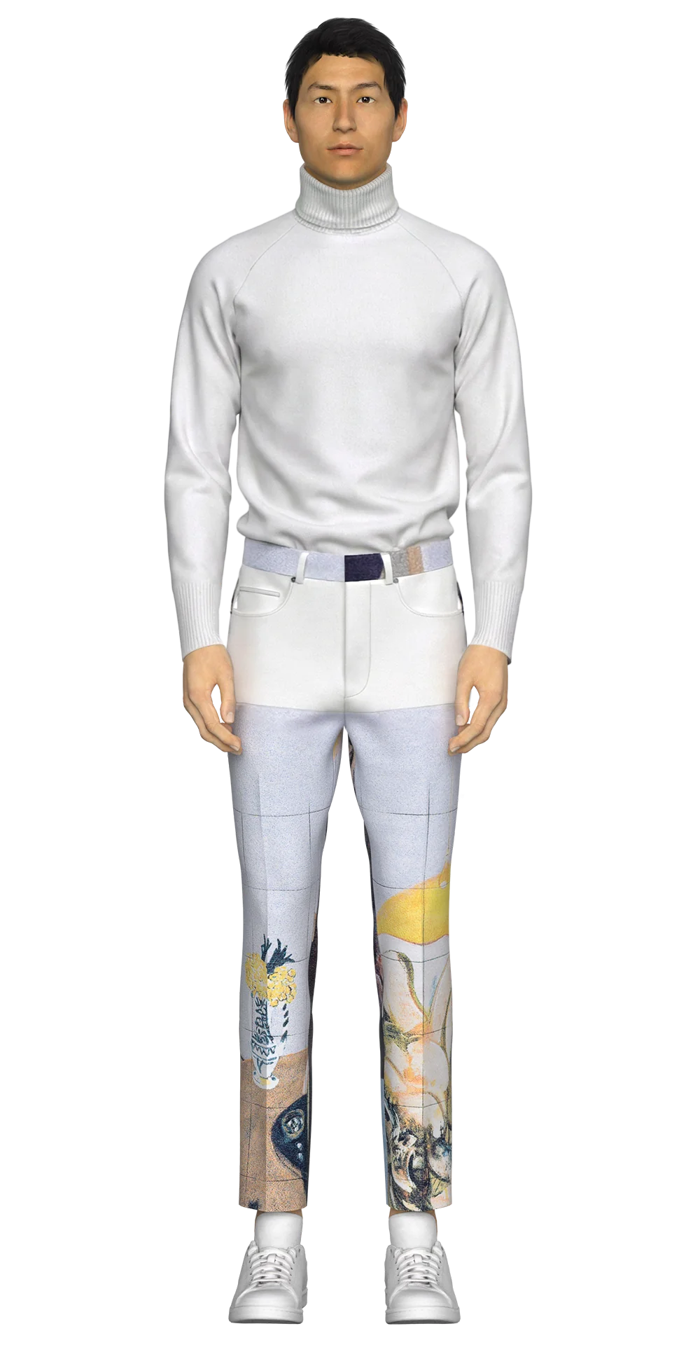 Look 05 from the AW19 lineup, featuring a white merino wool knit turtleneck top, graphic jacquard trousers, styled with a white nylon ripstop cap, and white sneakers.
