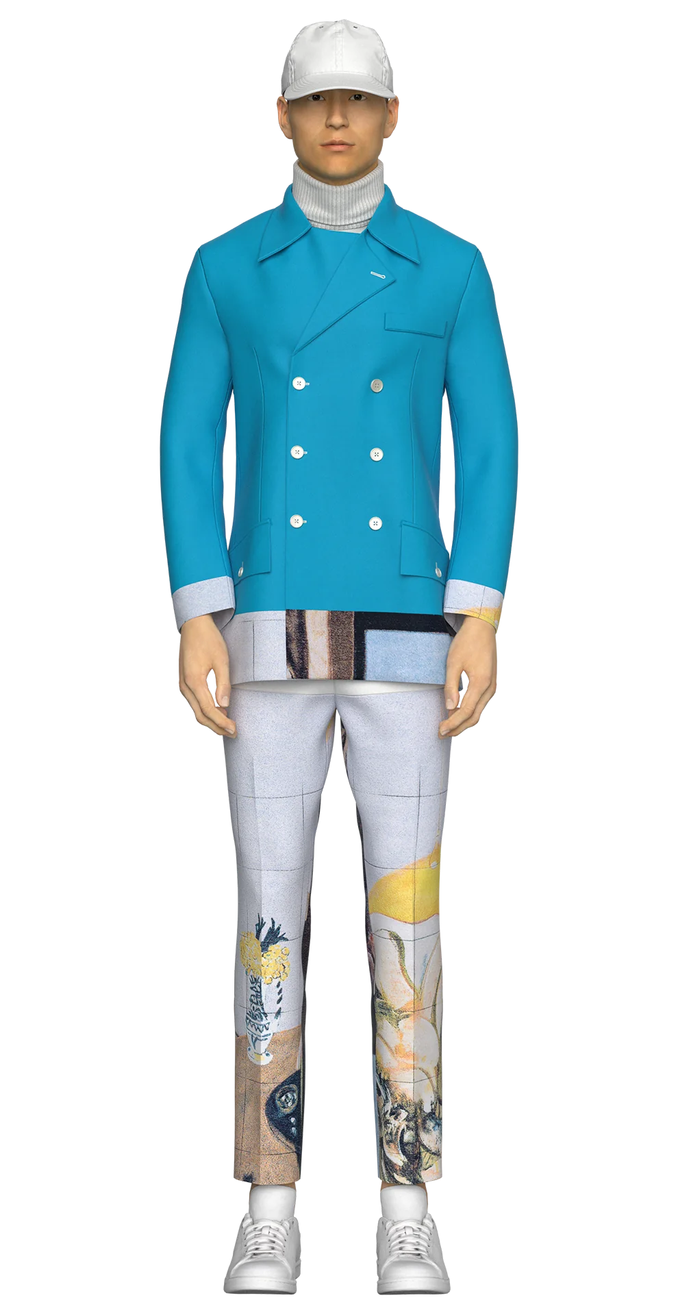 Look 05 from the AW19 lineup, featuring a cerulean blue ombré peacoat layered over a white wool knit turtleneck top, styled with a white nylon ripstop cap, graphic jacquard trousers, and white sneakers.