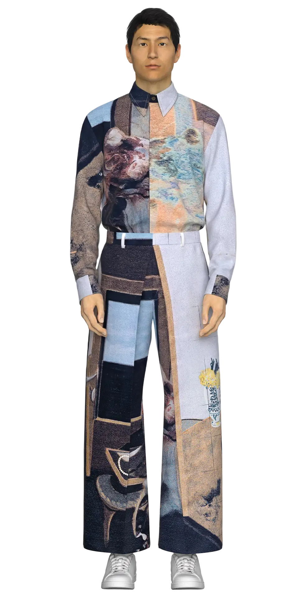 Look 06 from the AW19 lineup, featuring a graphic jacquard shirt and matching pleated jacquard trousers, styled with a black wool twill cap, and white sneakers.