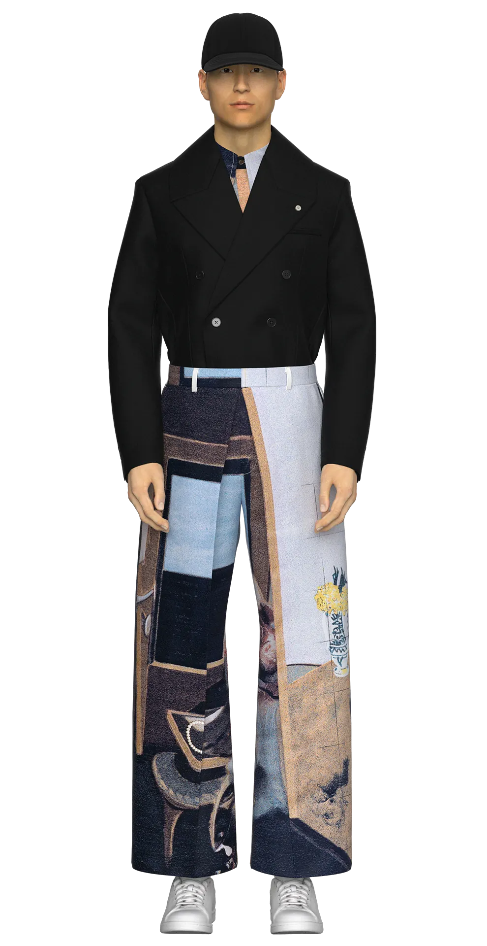 Look 06 from the AW19 lineup, featuring a black double-breasted tailored jacket layered over a graphic jacquard shirt and matching pleated jacquard trousers, styled with a black wool twill cap and white sneakers.