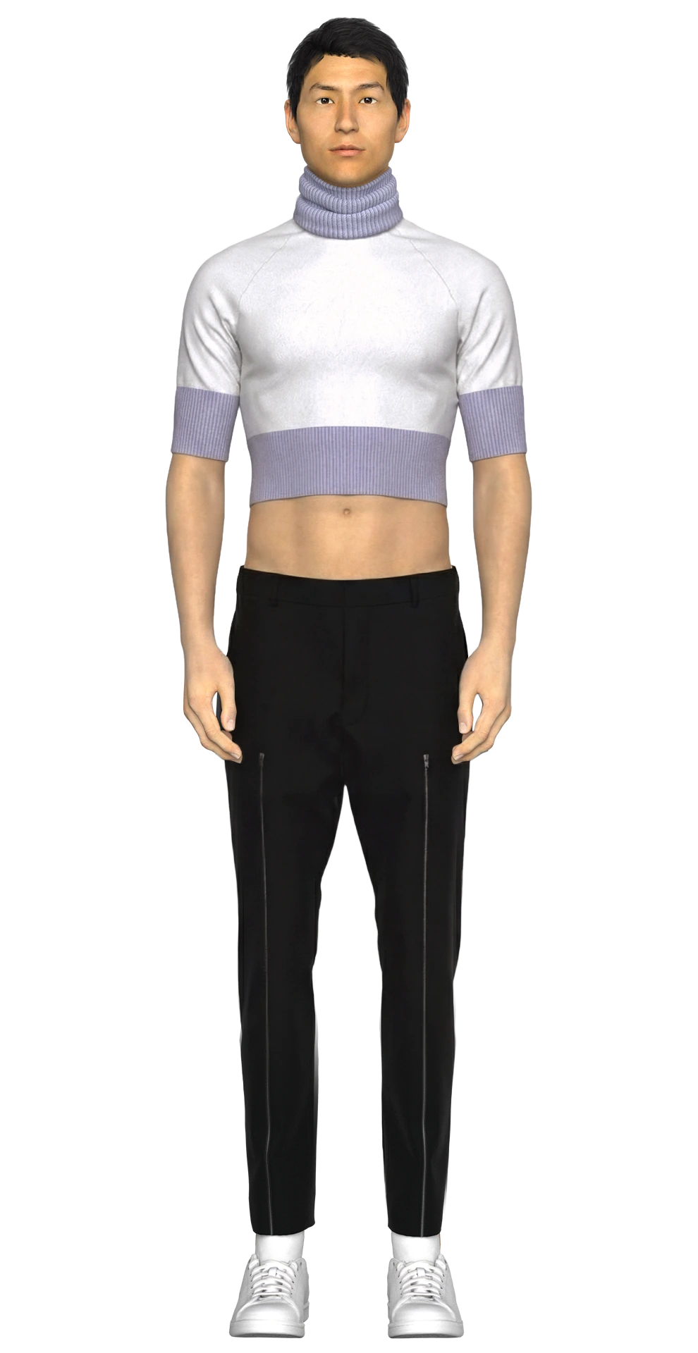 Look 07 from the AW19 lineup, featuring a cropped silk knit turtleneck top, black zip-detail wool trousers, styled with white sneakers.